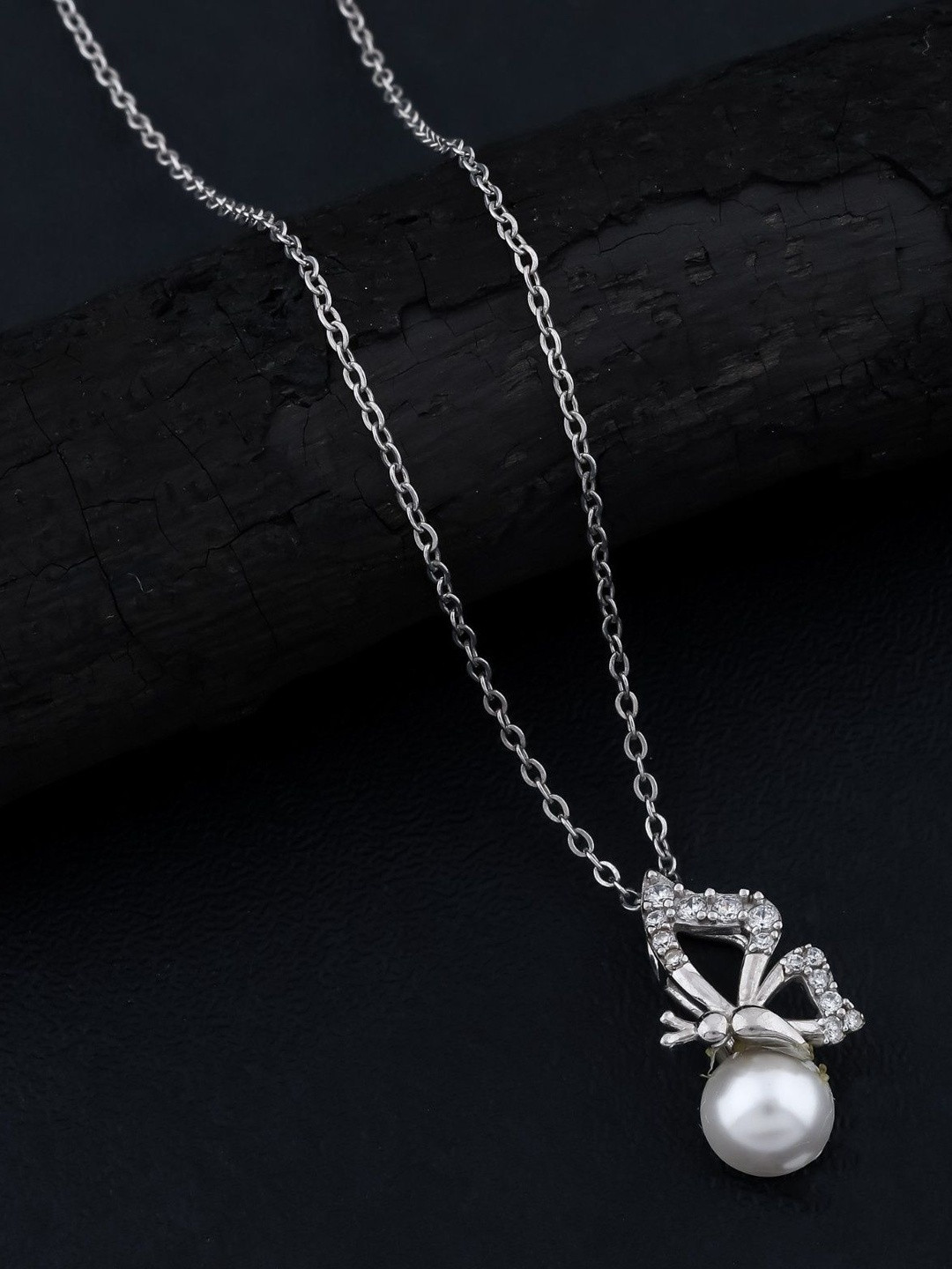 Orebella 925 Sterling Silver Rhodium-Plated Cubic Zirconia Studded Pendant Eith Chain