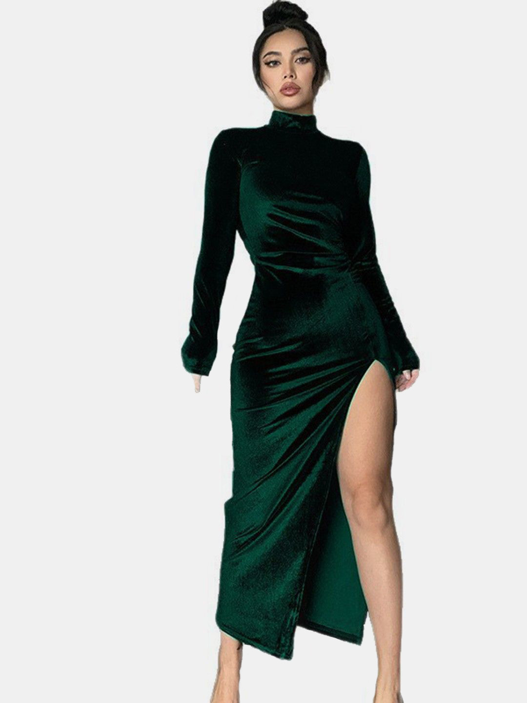 HERE&NOW Women Velvet Bodycon Maxi Dress With Slit