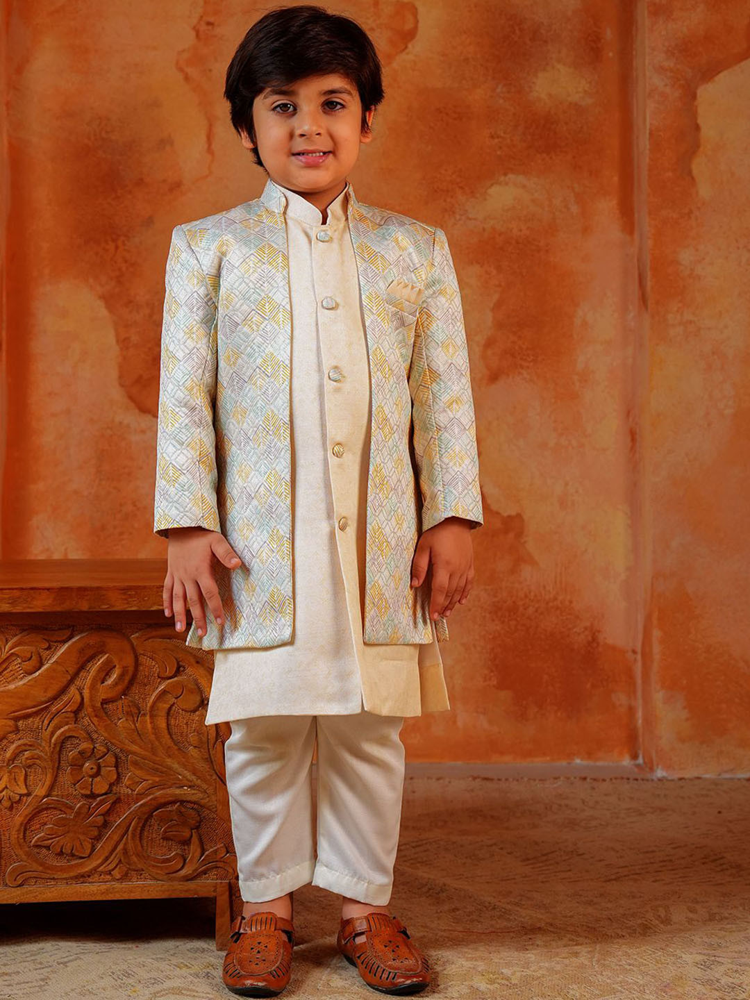 Aj DEZInES Boys Yellow Jacquard Full Sleeves Rich Embroidery Sherwani