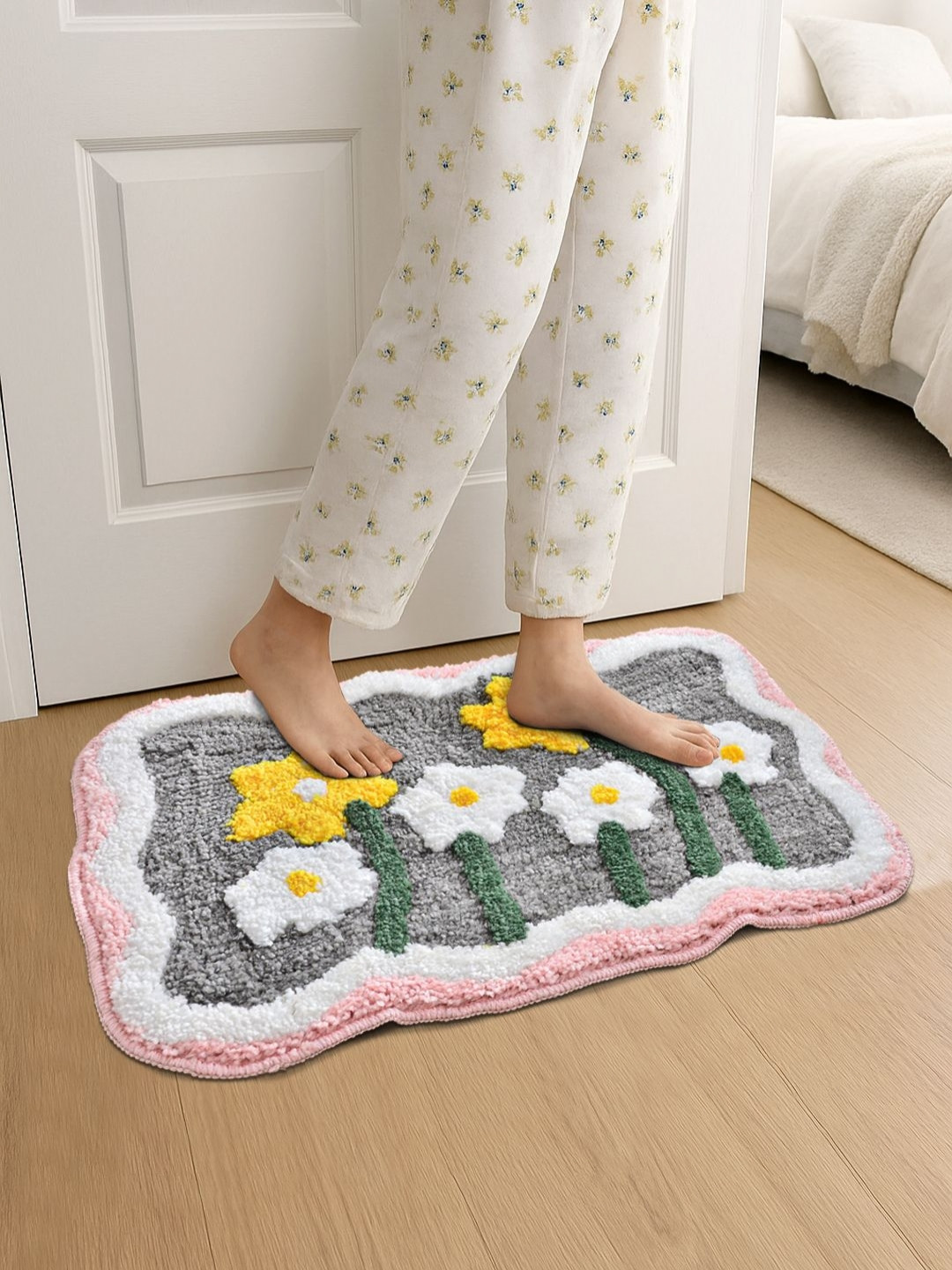 Myntra Elegant Homes Grey & White Flowers Self Design Anti Skid Doormat