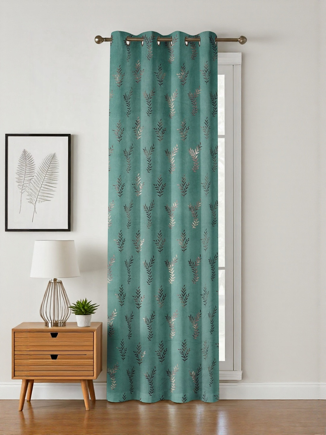GEET CREATIONS Blue Leaf Print Room Darkening Long Door Eyelet Curtain