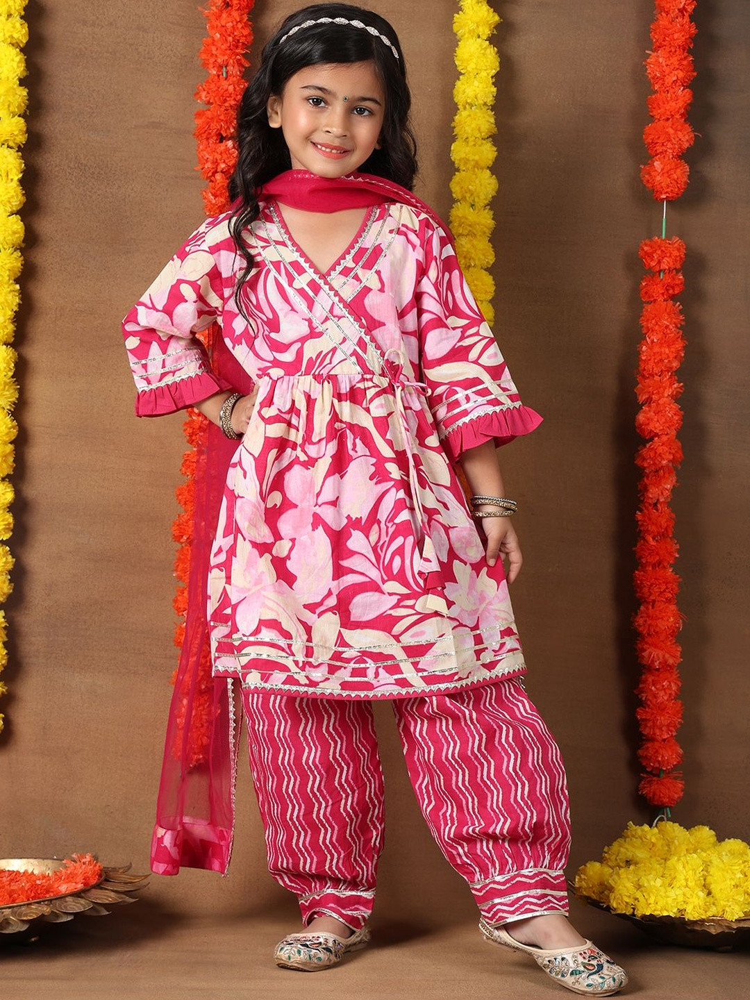 Superminis Girls Floral Printed Empire Pure Cotton Afgani Kurta with Patiala & Dupatta