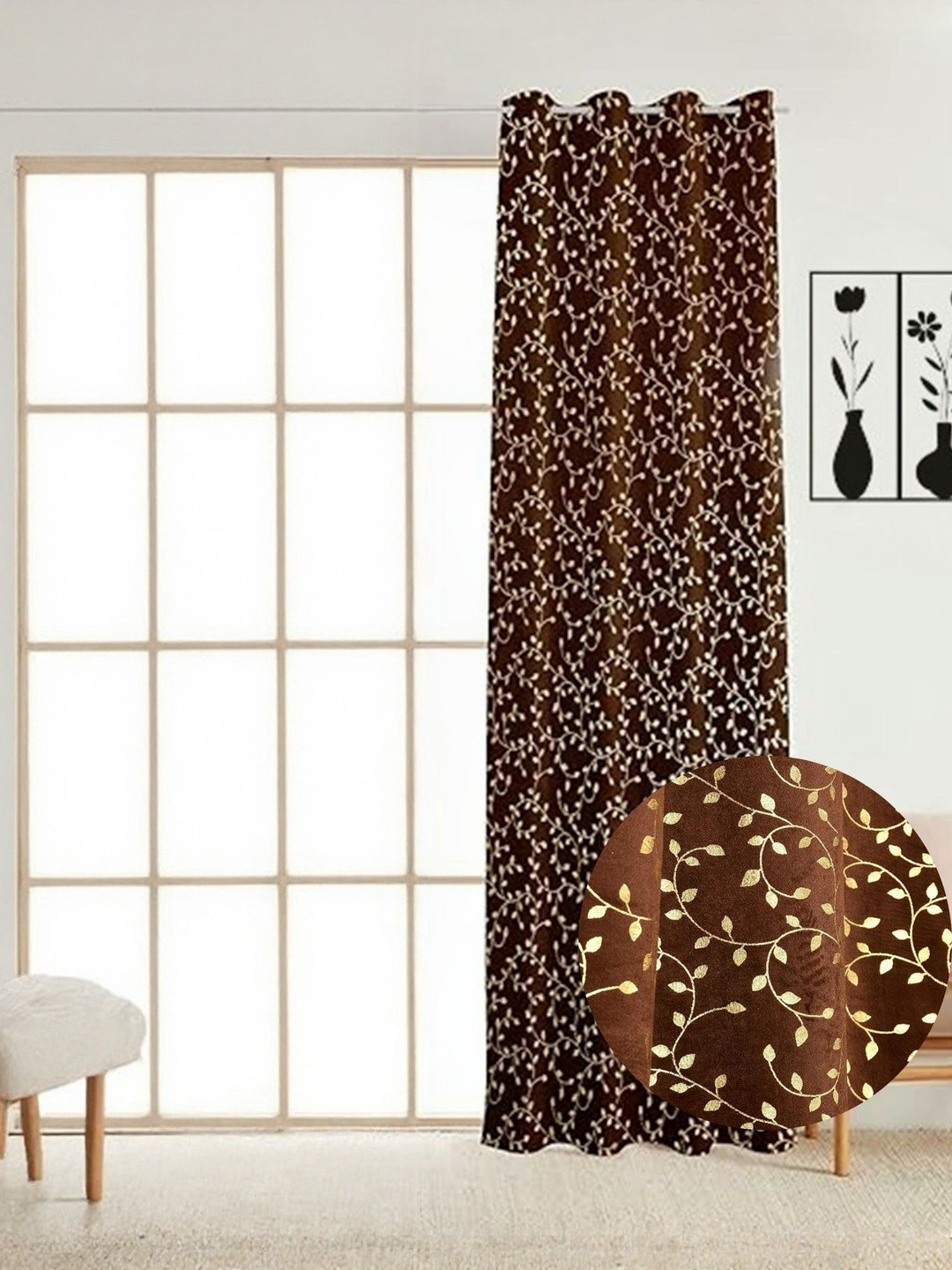 GEET CREATIONS Brown & Gold Floral Self Design Room Darkening Eyelet Long Door Curtain