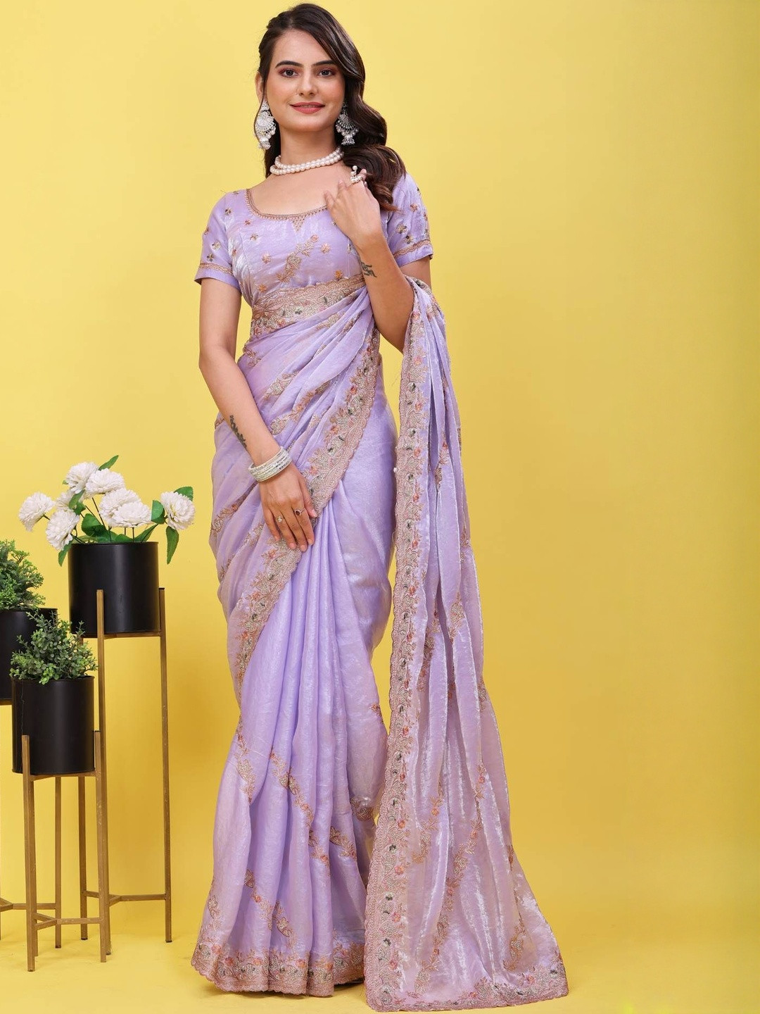 PARROT CREATION Floral Embroidered Thread Work Satin Saree With Blouse