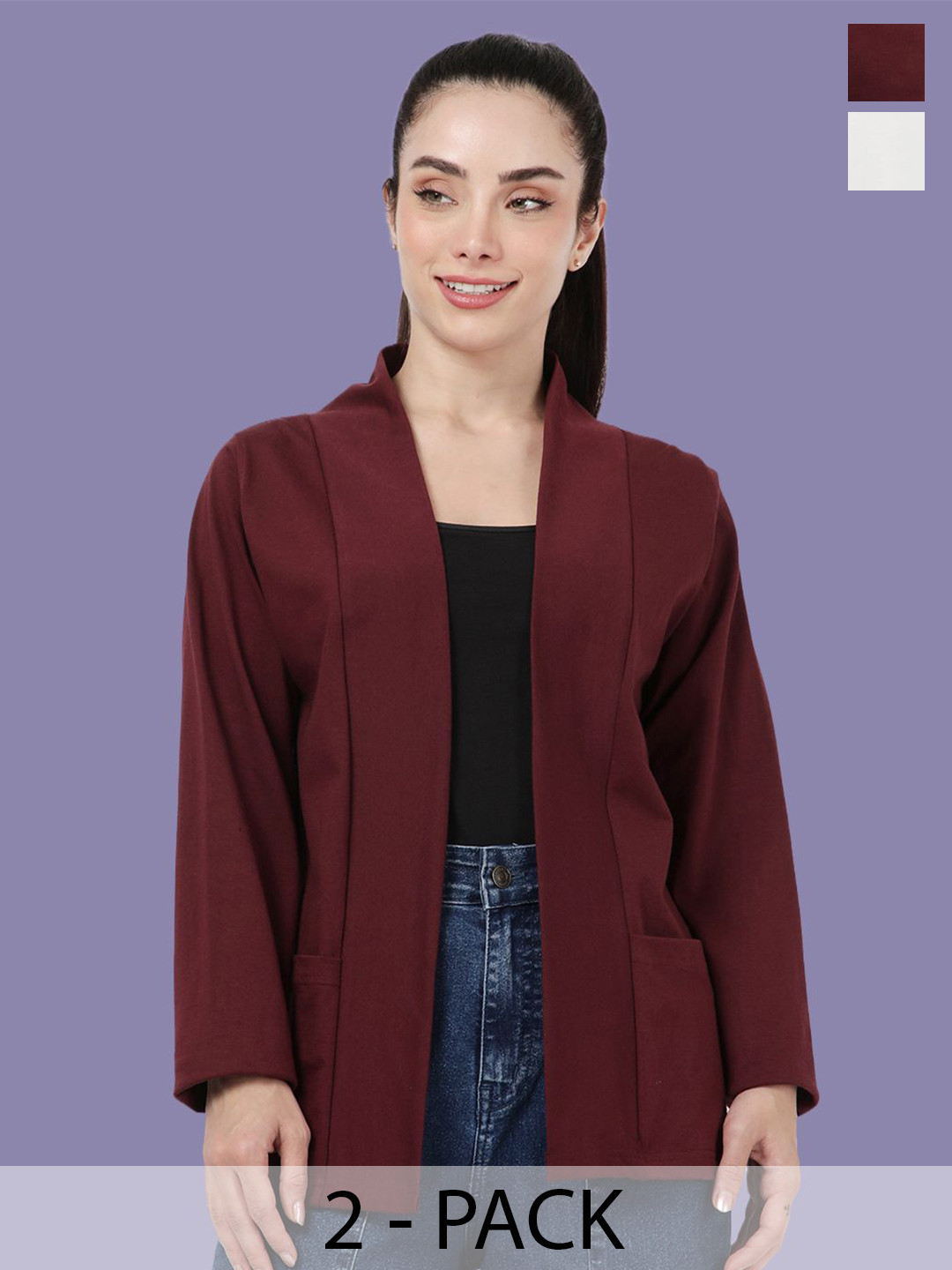 Kryptic Pack Of 2 Open Front Regular Fit Cotton Shrugs With Pocket For Layering