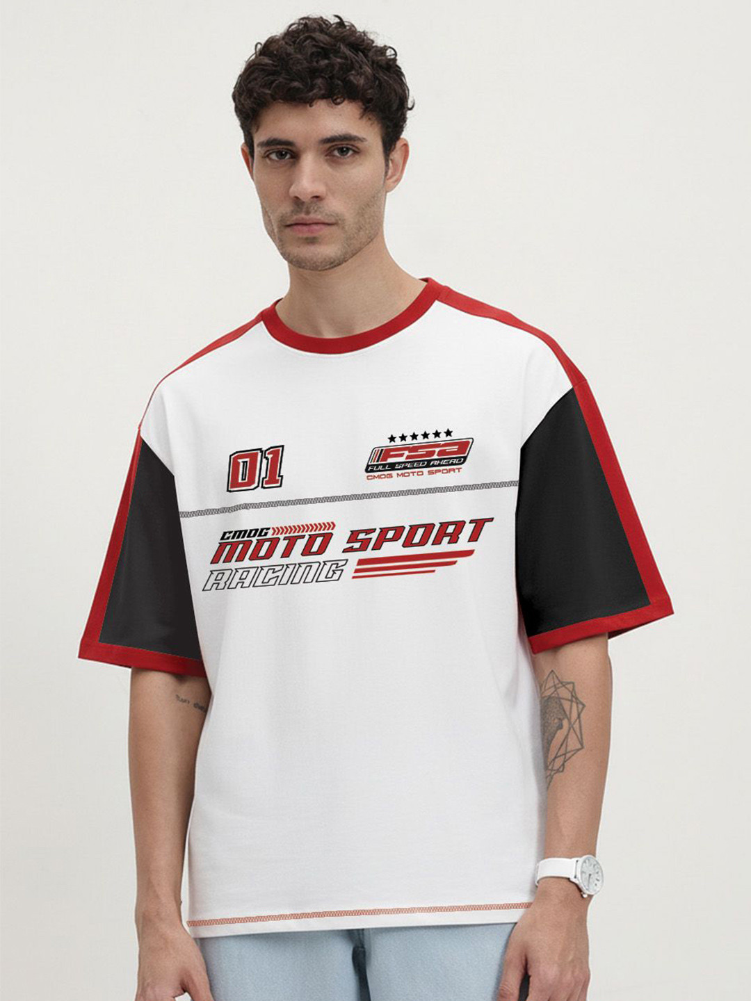 Crazymonk Men Moto Sport FSA Printed Drop-Shoulder Sleeves Oversized T-shirt