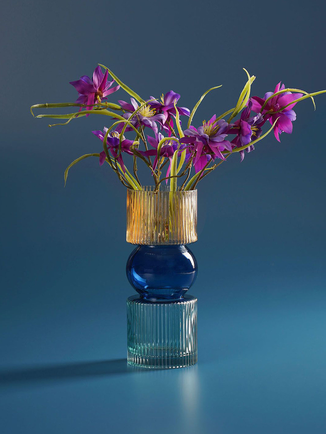 Pure Home and Living Blue & Yellow 3 Tone Geometric Ribbed Glass Vase