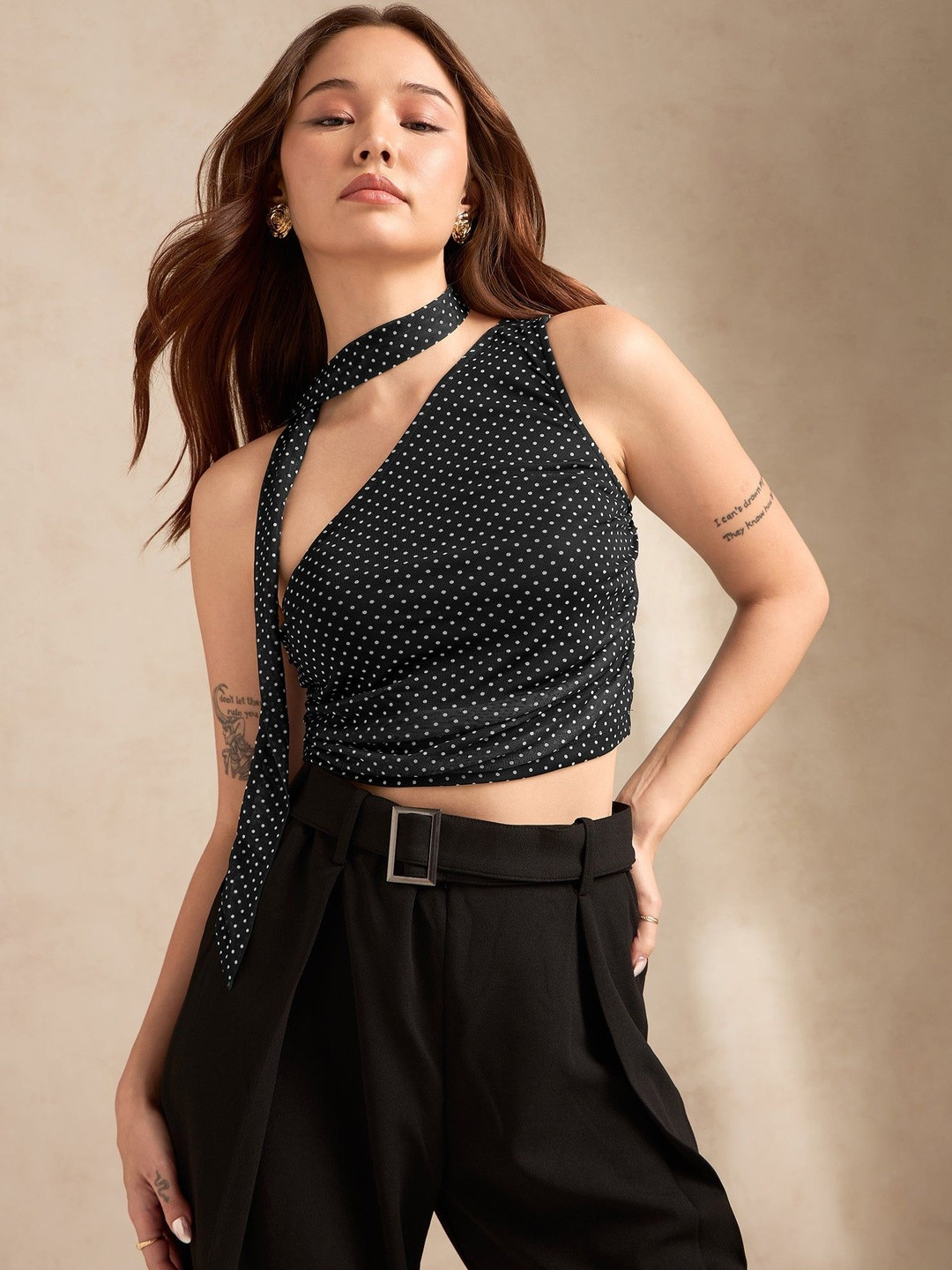 Outzidr Polka Dot Printed Scarf Neck Fitted Crop Top