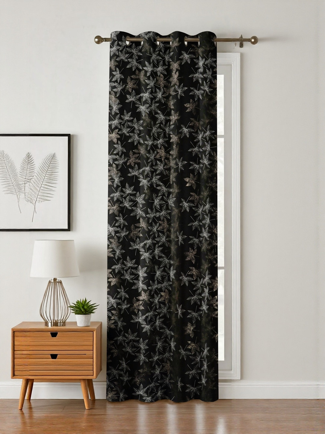 GEET CREATIONS Black & Silver-Toned Floral Room Darkening Door Eyelet Velvet Curtain