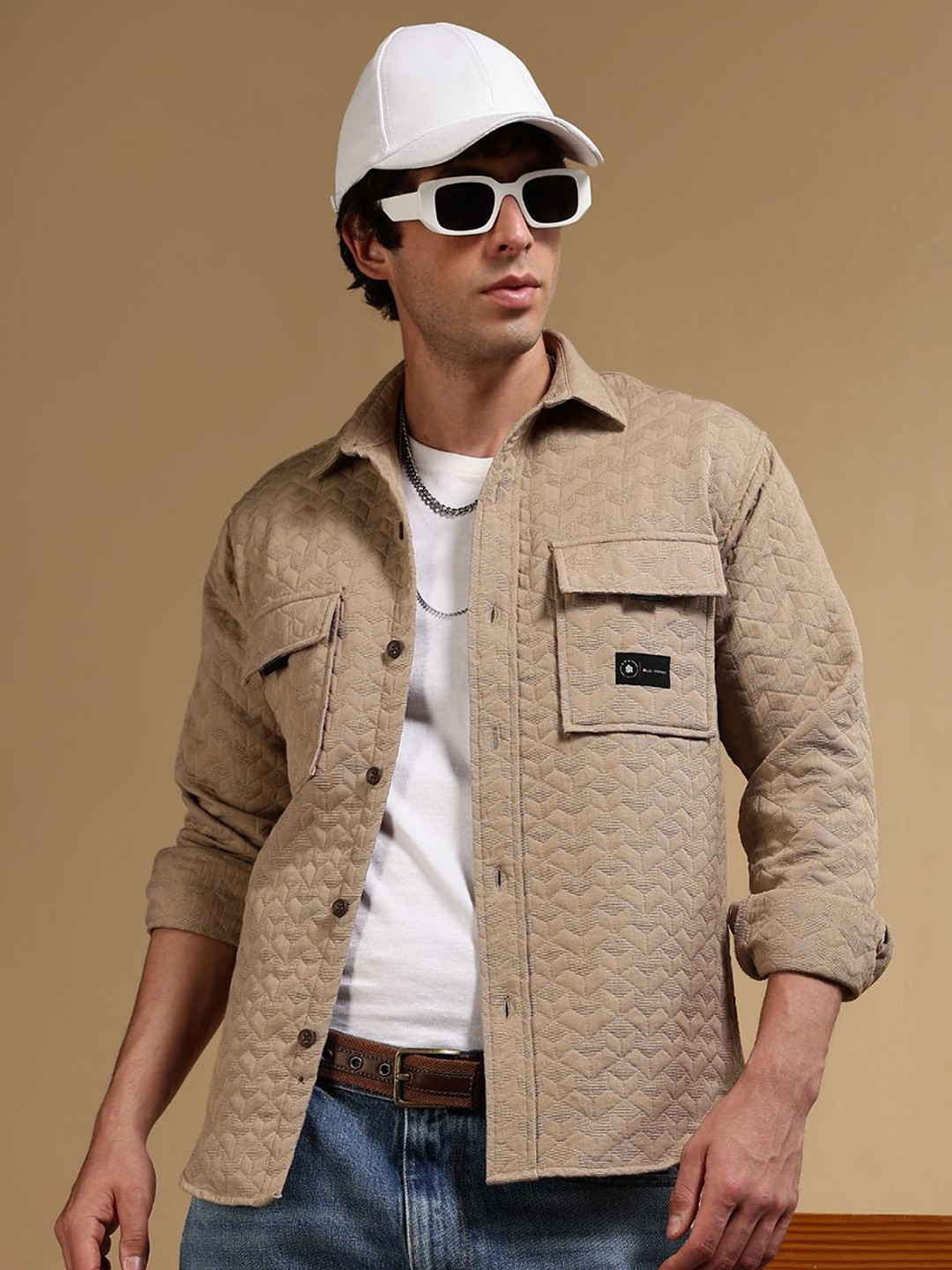 Blu MNKY Classic Textured Spread Collar Box Pockets Oversized Casual Shacket Shirt