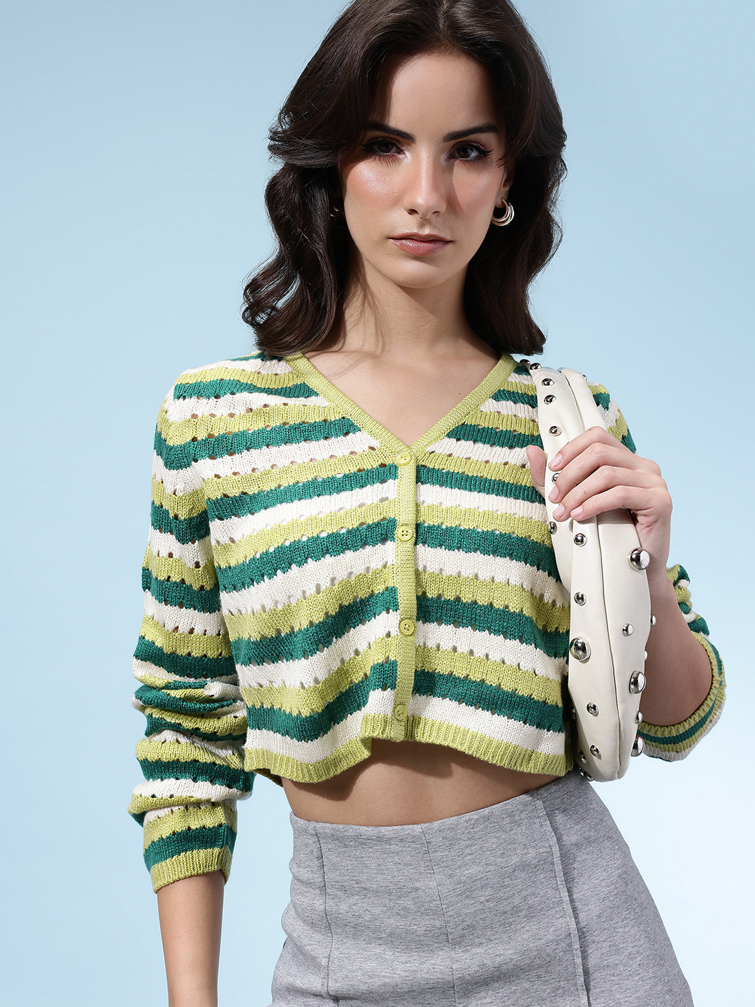 glitchez Open Knit Striped Crop Cardigan