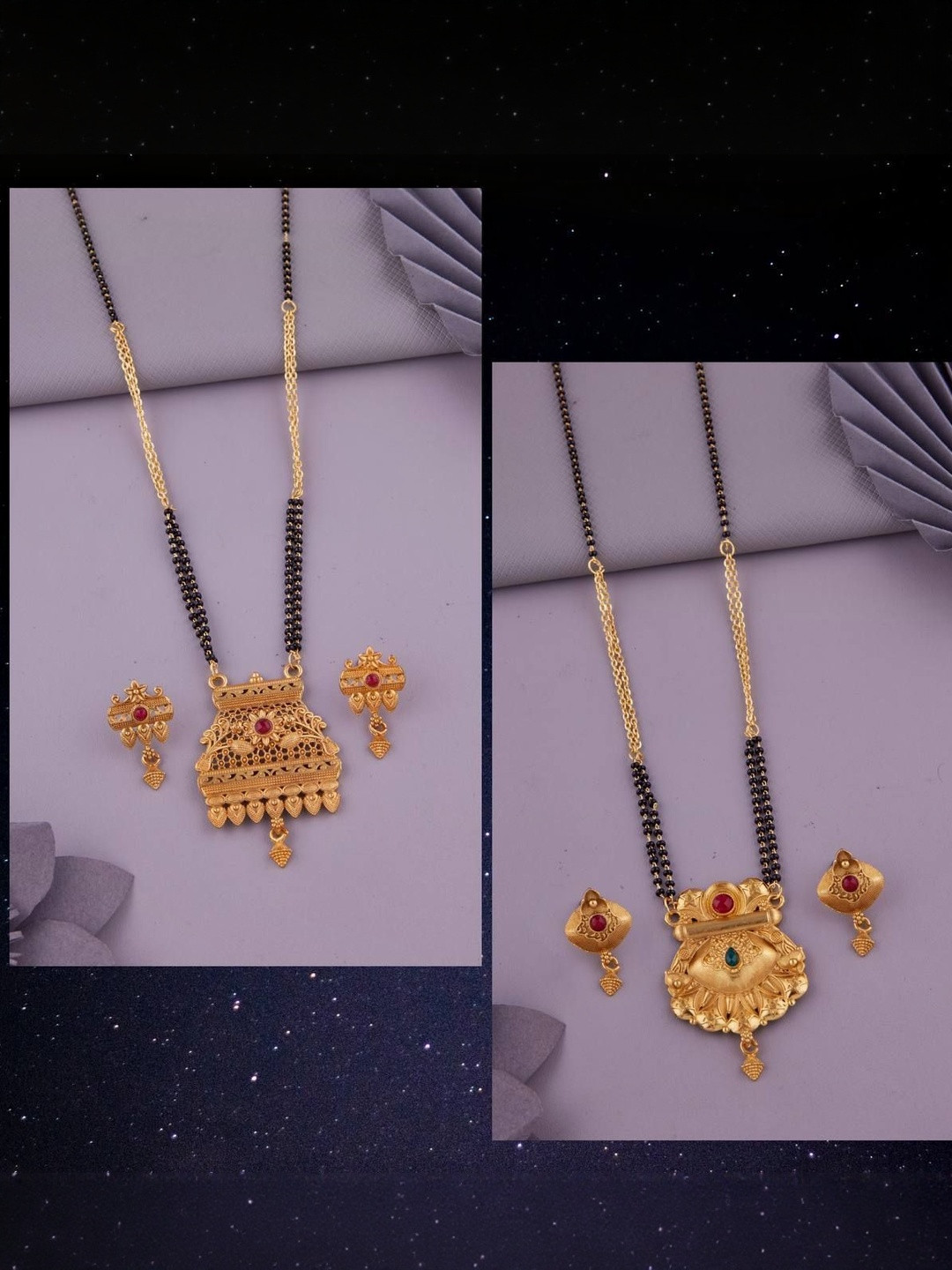 Bhanu diam Set Of 2 Stone-Studded & Beaded Mangalsutra With Earrings