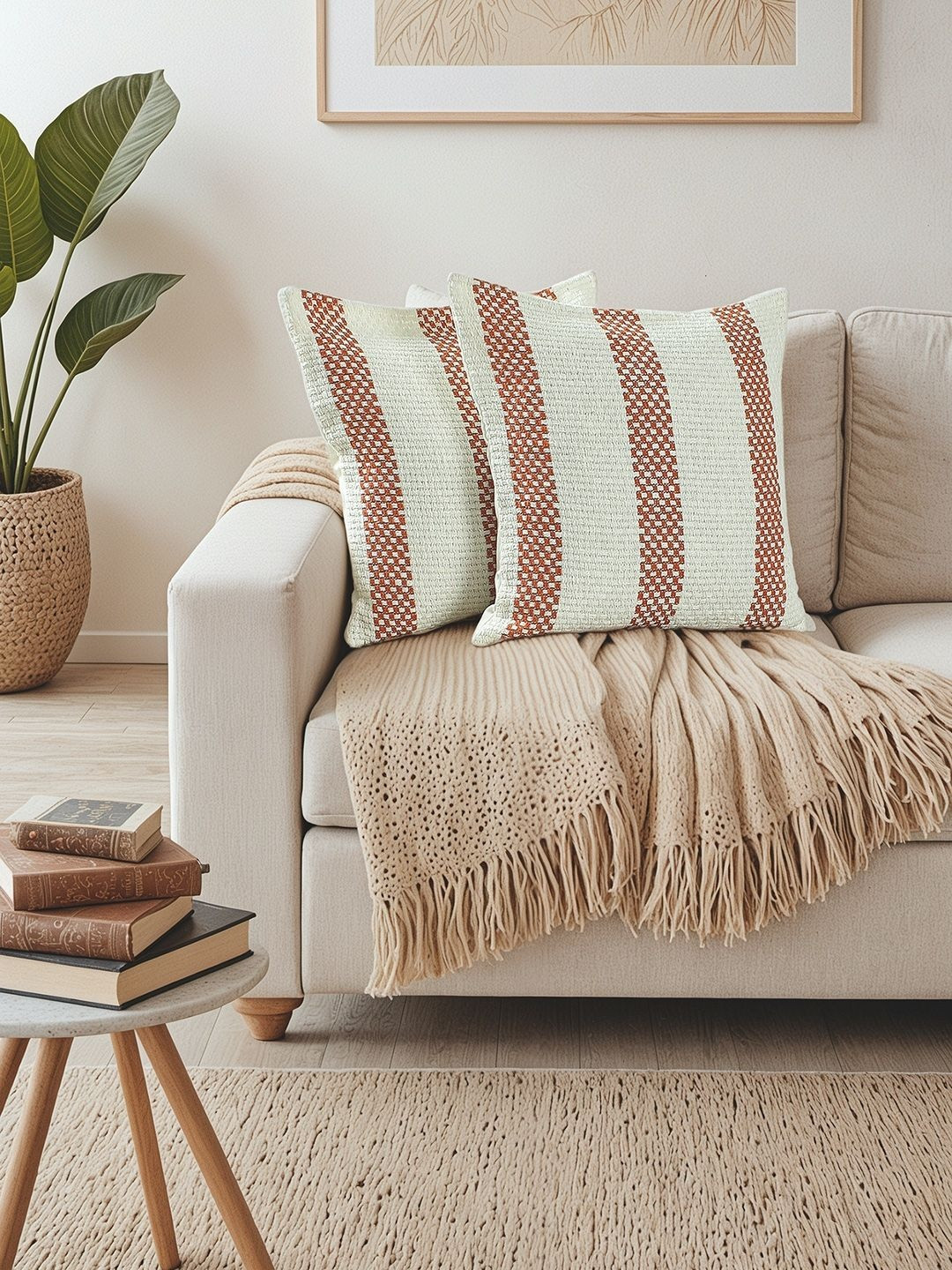 House This Shivalik Rust & White 2 Pieces Striped Textured Cotton Square Cushion Covers