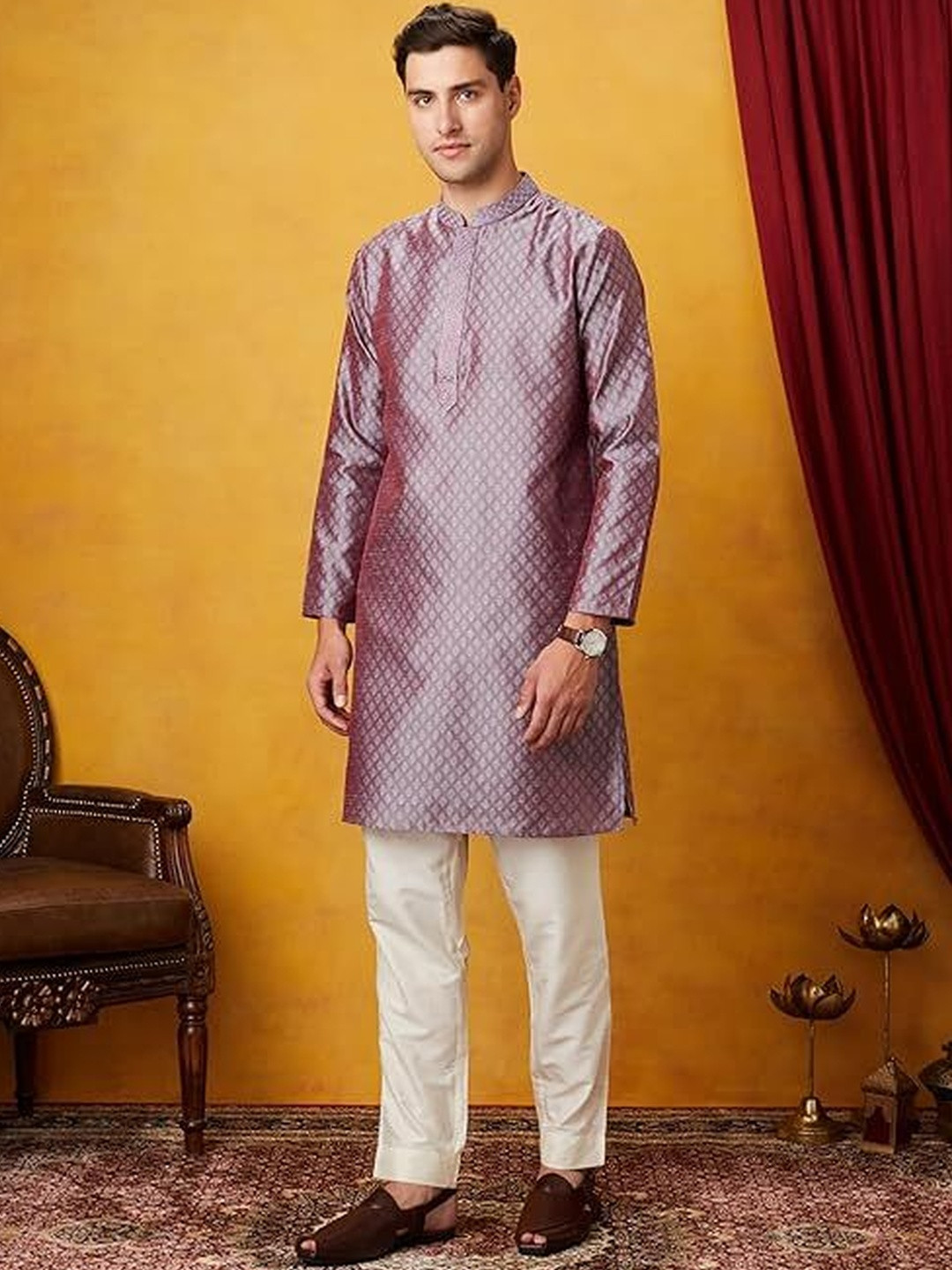 GRATIVO CREATION Men Woven Design Knee Length Regular Pure Cotton Kurta with Trousers