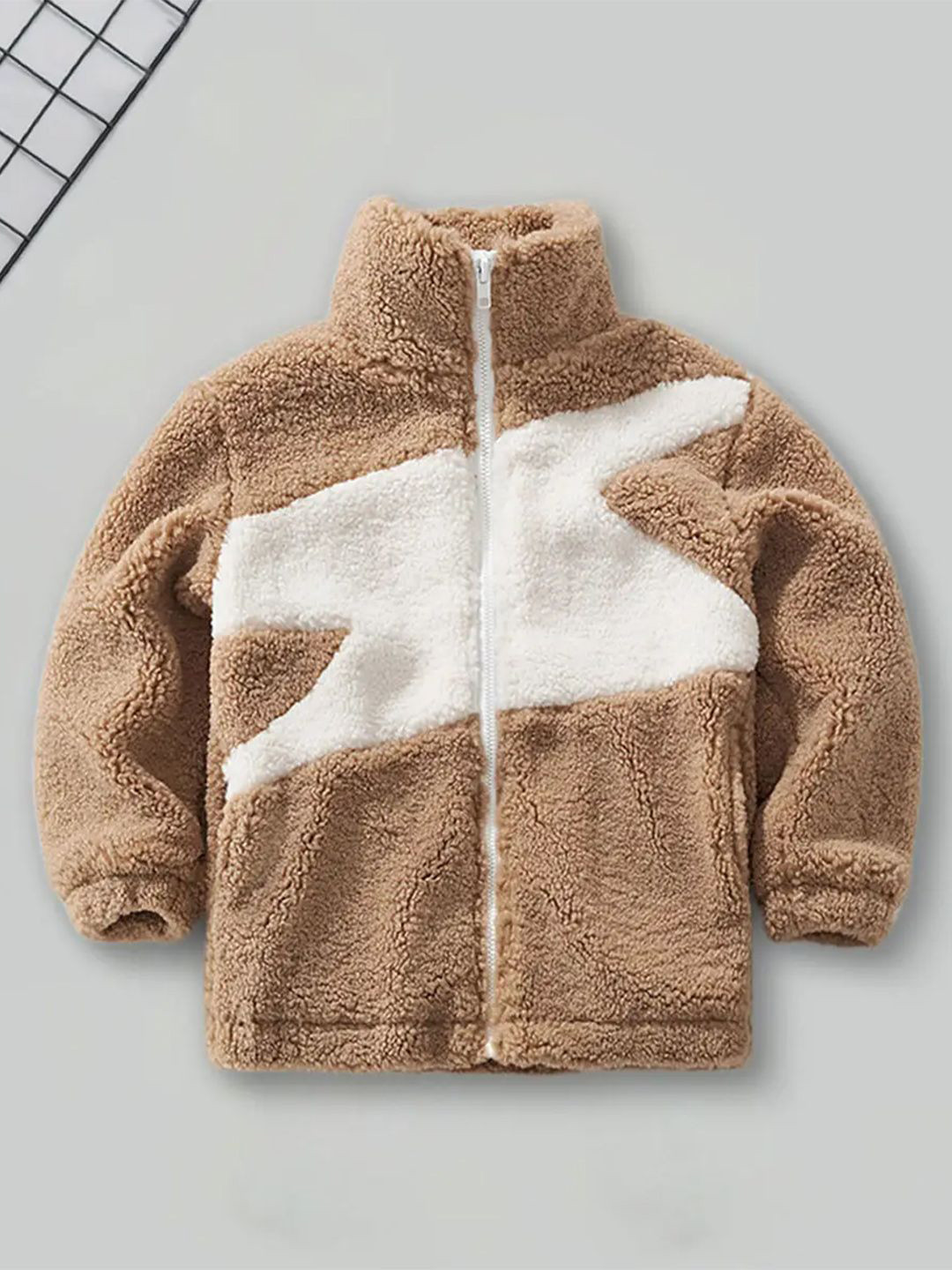 INCLUD Boys Brown Mock Collar Self Design Sherpa Fleece Zipper Jacket