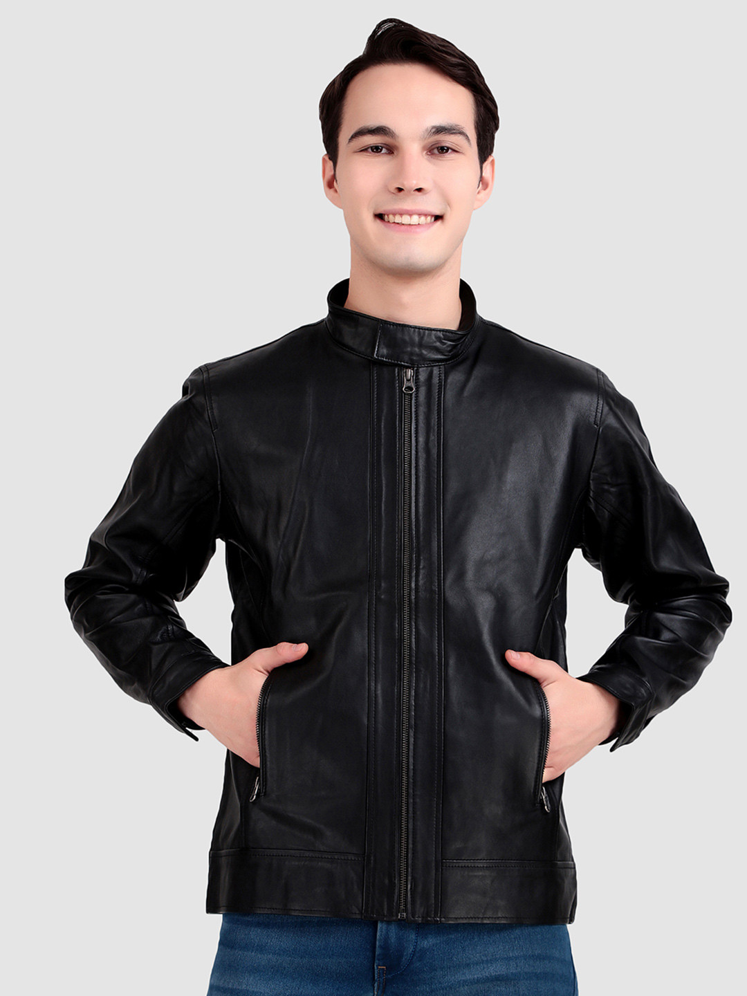 MaheTri Iconic Plain Black Moto Jacket