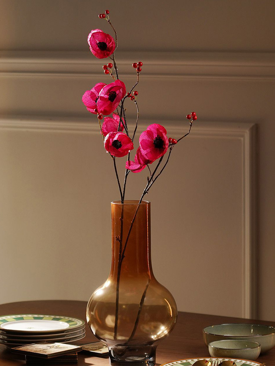 Pure Home and Living Pink & Brown Poppy Berry Artificial Flower Without Pot