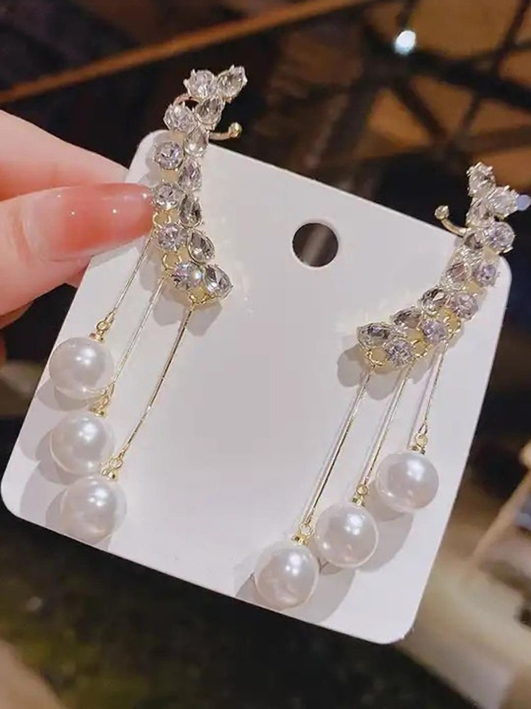 BEYTER Crystal Studded And Pearls Beaded Tassels Contemporary Shaped Ear Cuff