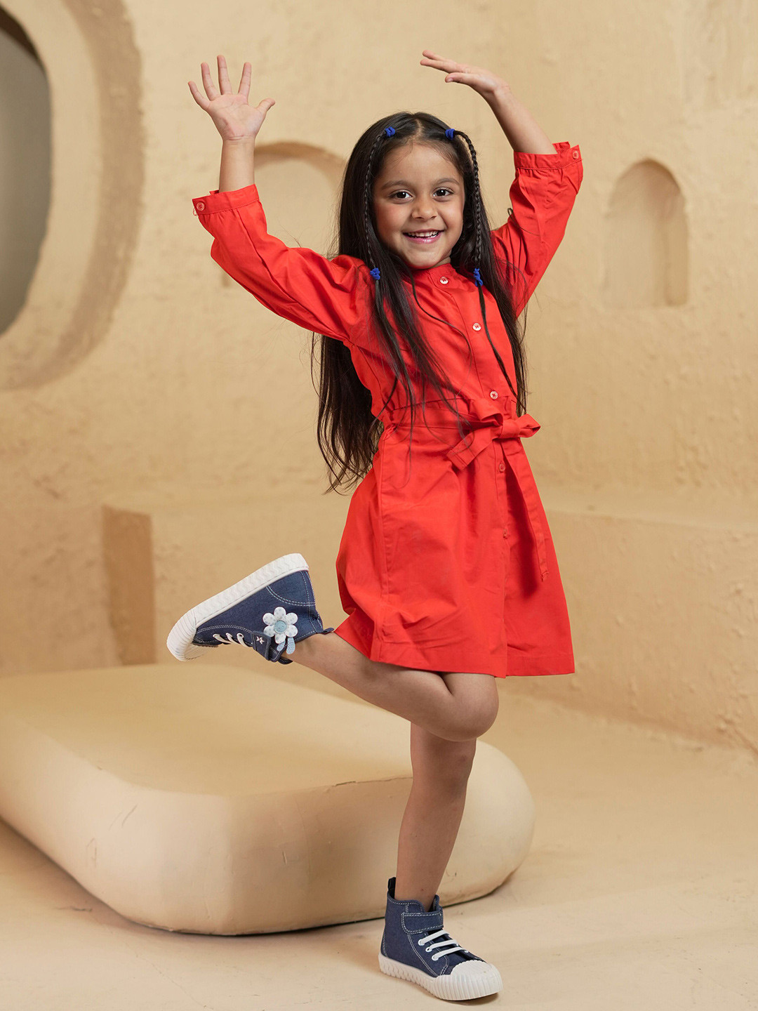 Puddle Fashion Girls Round Neck A-Line Shirt Dress with Belt