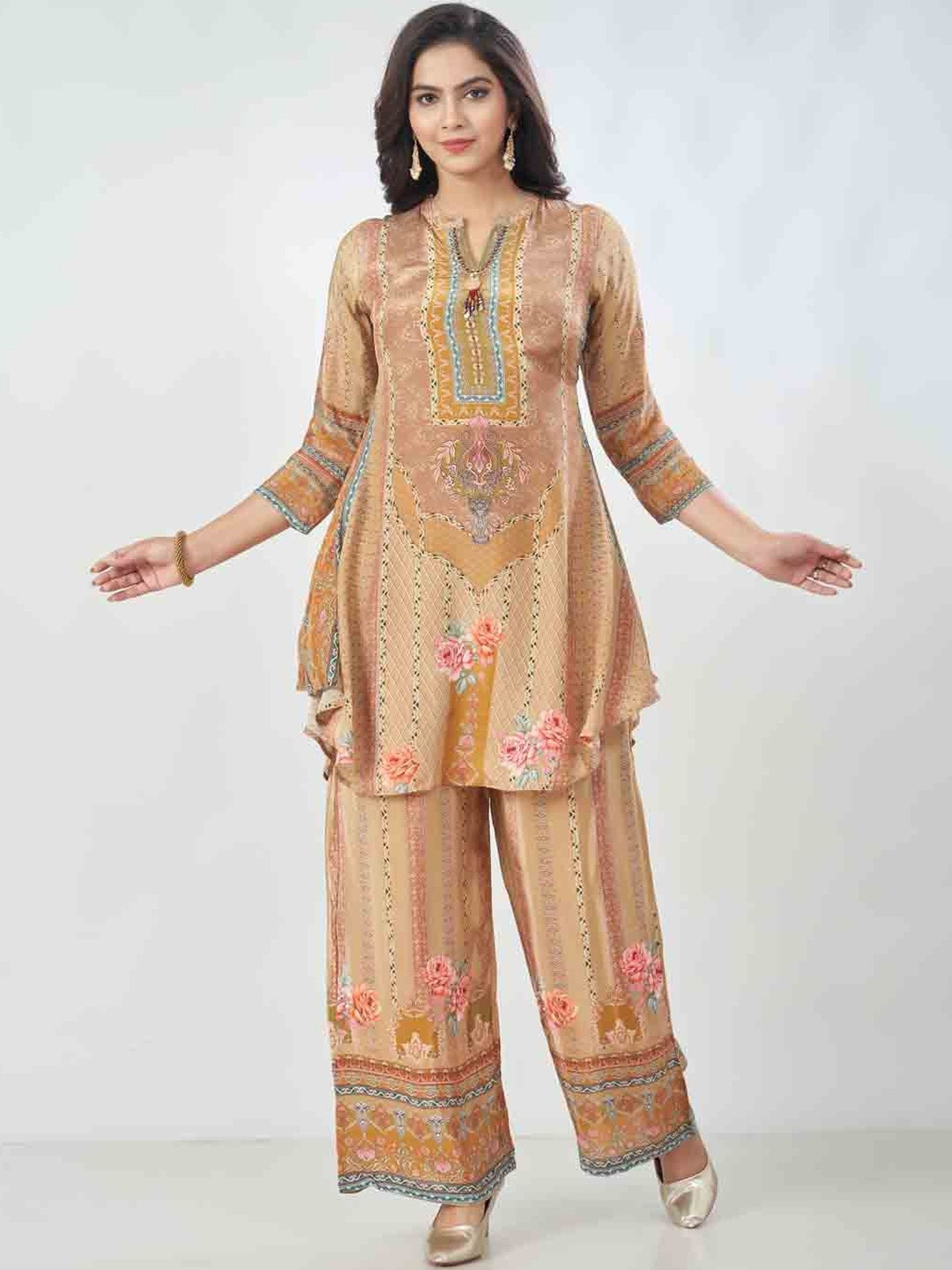 Amchoor Floral Printed Mandarin Collar A-Line Kurti With Palazzos