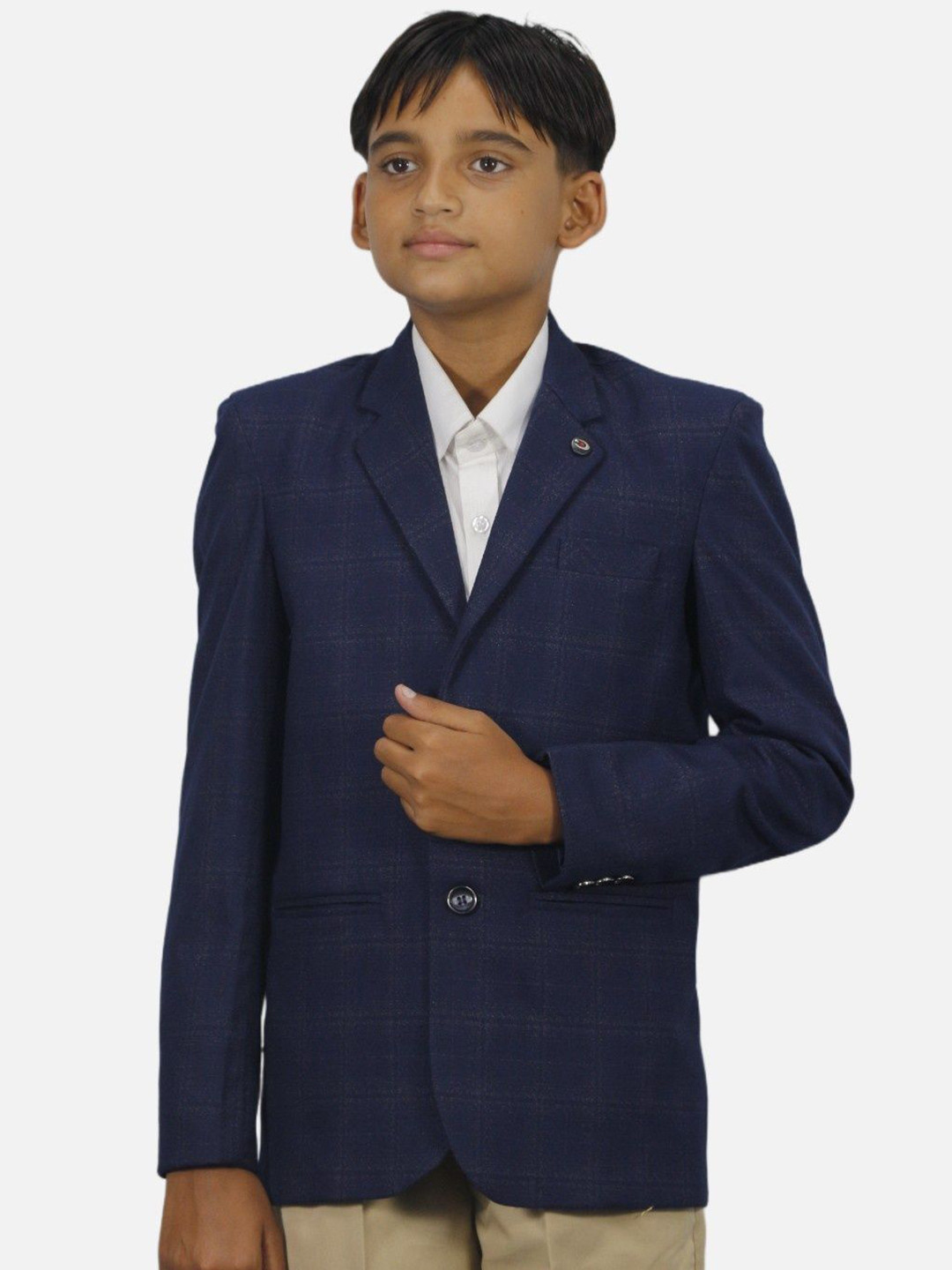 GARGIAN Master Cut Boys Blue Solid Wool Notched Lapel Long Sleeves Single Breasted Blazer