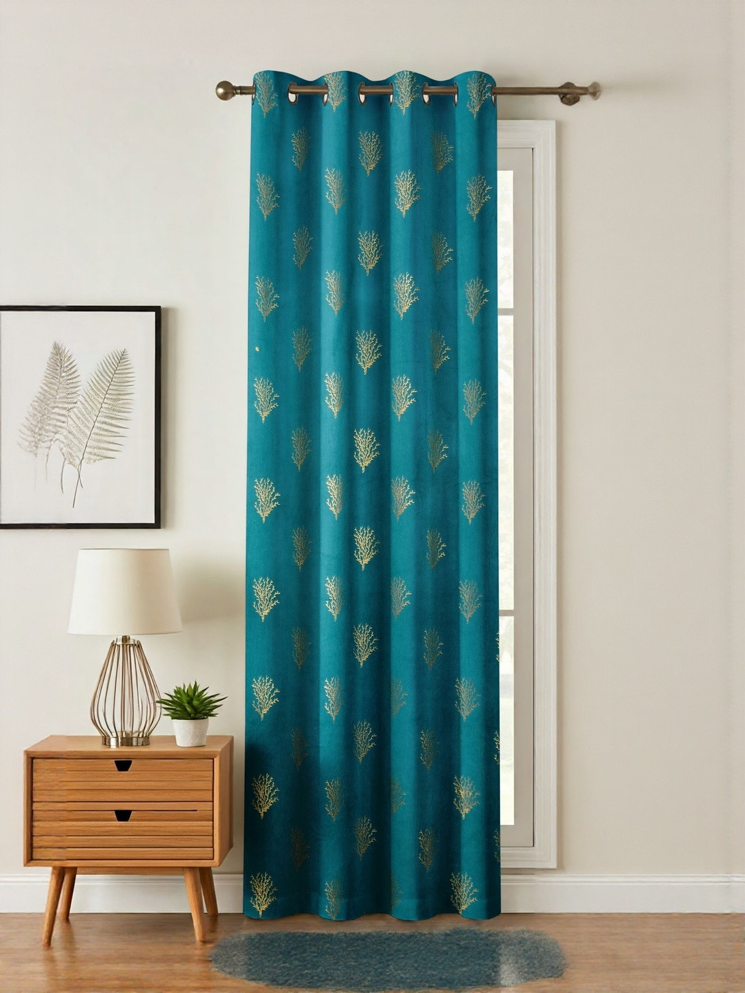 GEET CREATIONS Teal & Gold Self Design Room Darkening Door Curtain