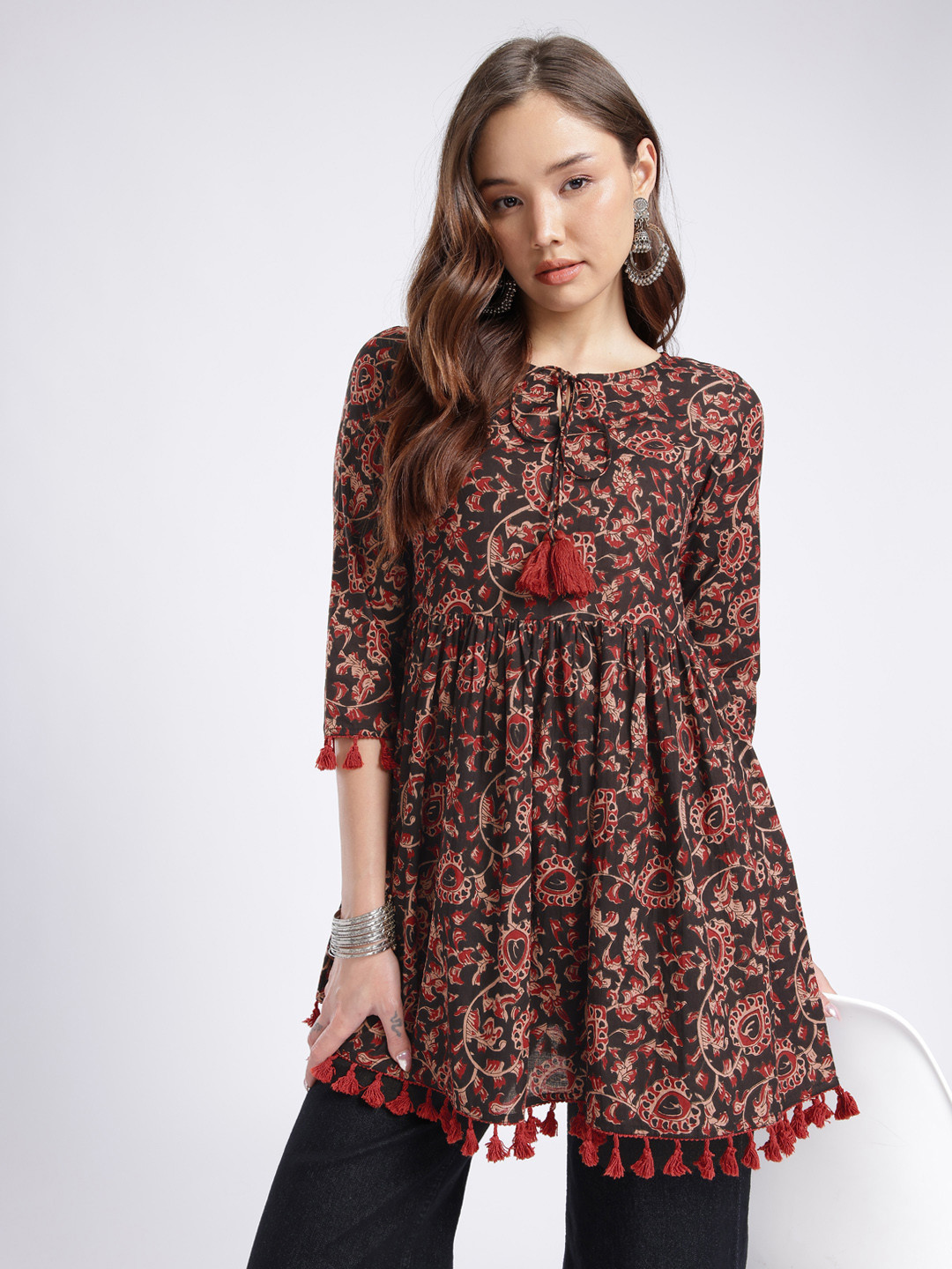 fusion by glitchez Ethnic Motifs Printed Tie-Up Neck Tassel Detail A-Line Kurti