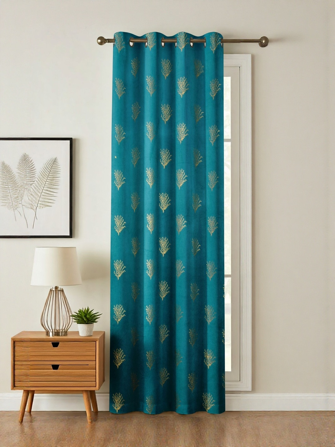 GEET CREATIONS Teal Floral Velvet Fade Resistant Room Darkening Long Door Curtain