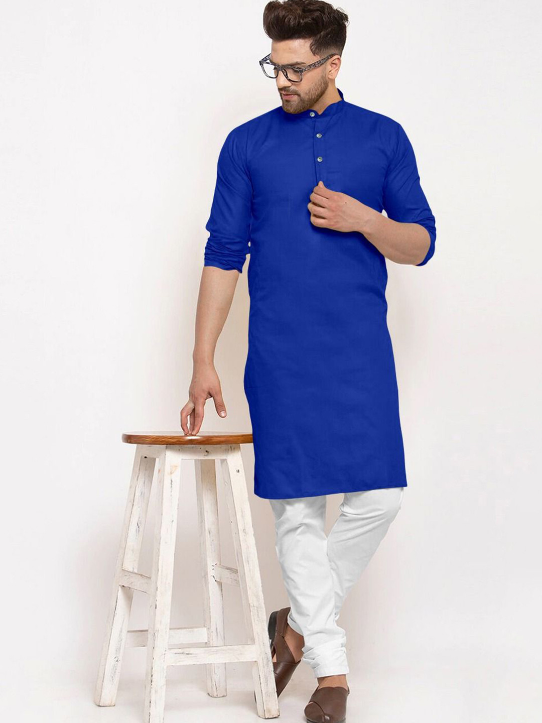 Krudha Creations Mandarin Collar Roll-Up Sleeves Cotton Straight Kurta