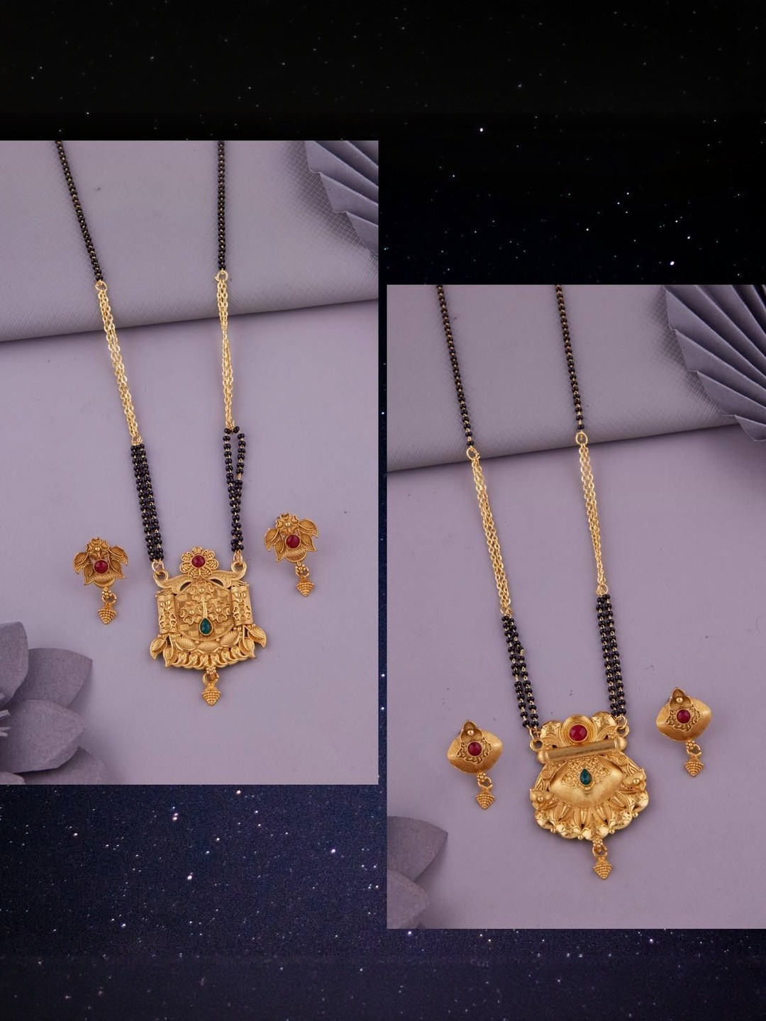 Bhanu diam Set Of 2 Stone-Studded & Beaded Mangalsutras With Earrings