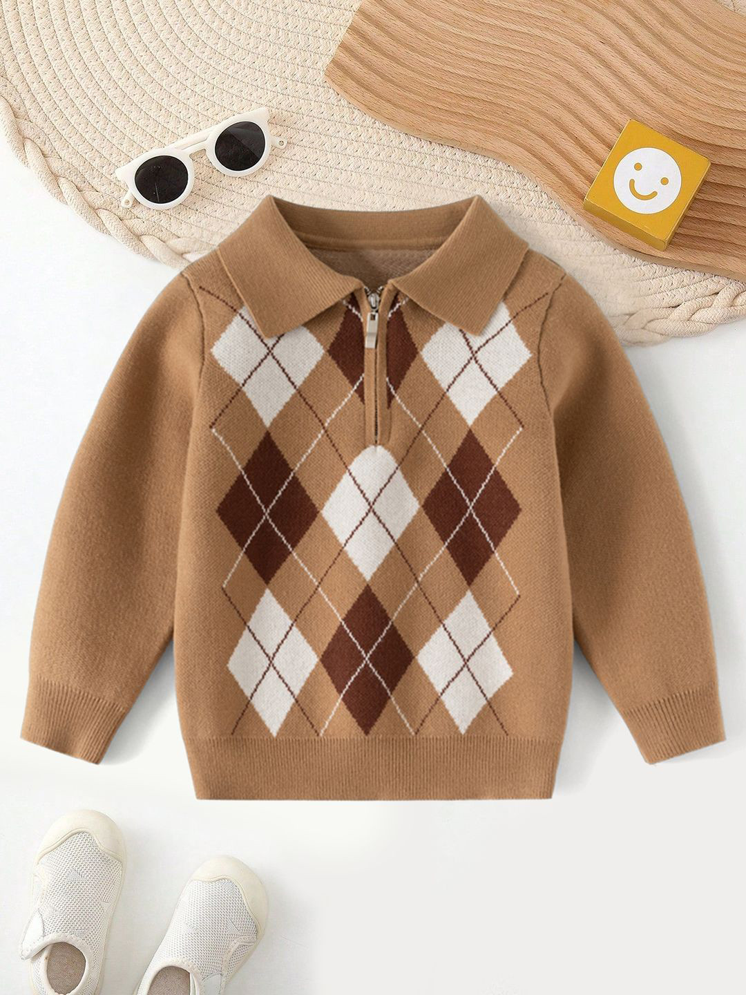 YK Boys Brown Polo Collar Half Zipper With Self design Diamond Pattern Sweater