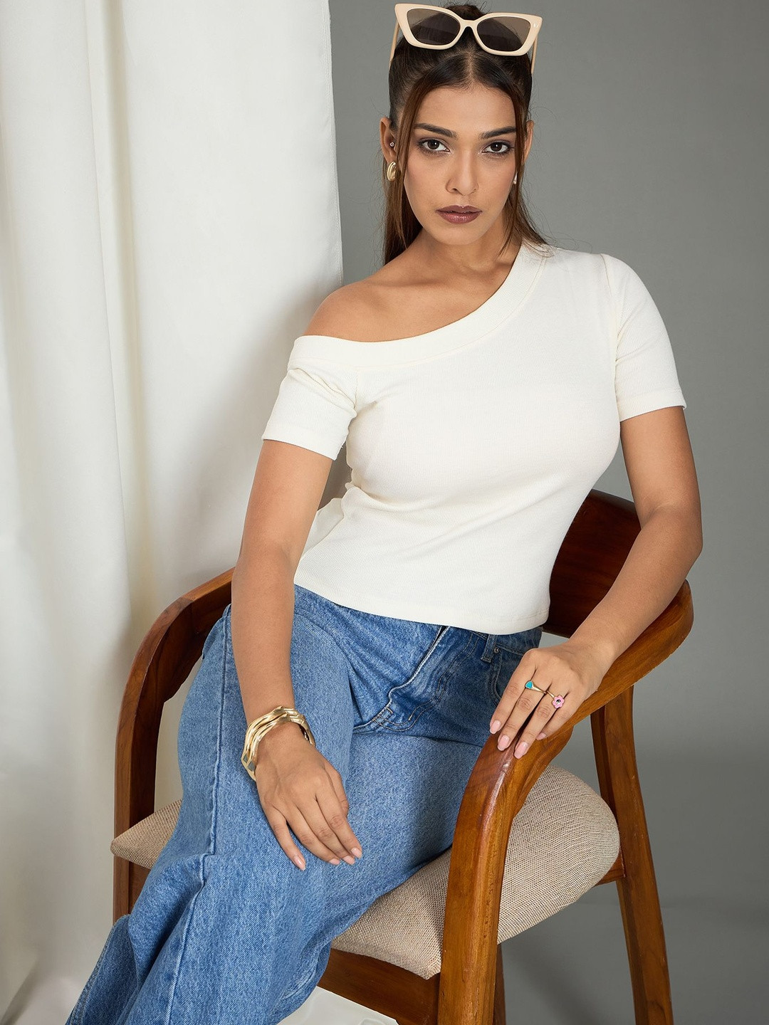 WineRed Women Solid Ribbed One Shoulder Top