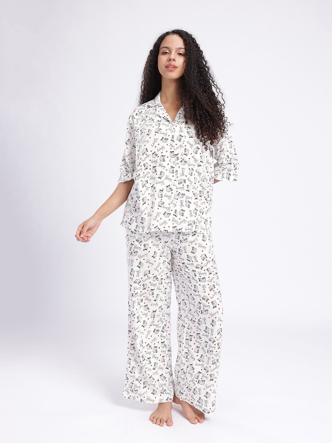glitchez Conversational Printed Notched Lapel Collar Night suit