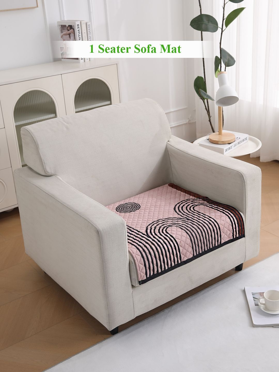 HOKIPO LiefNest Peach-Coloured & Black Printed Holland Velvet 1 Seater Sofa Mat