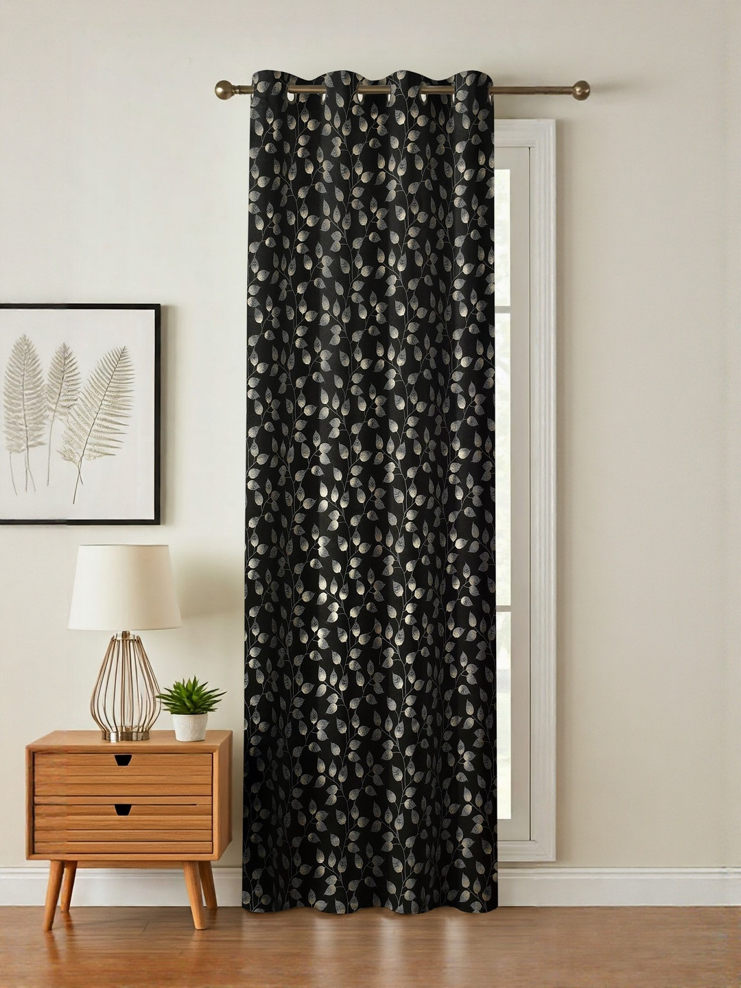 GEET CREATIONS Black & Silver Floral Room Darkening Eyelet Long Door Curtains