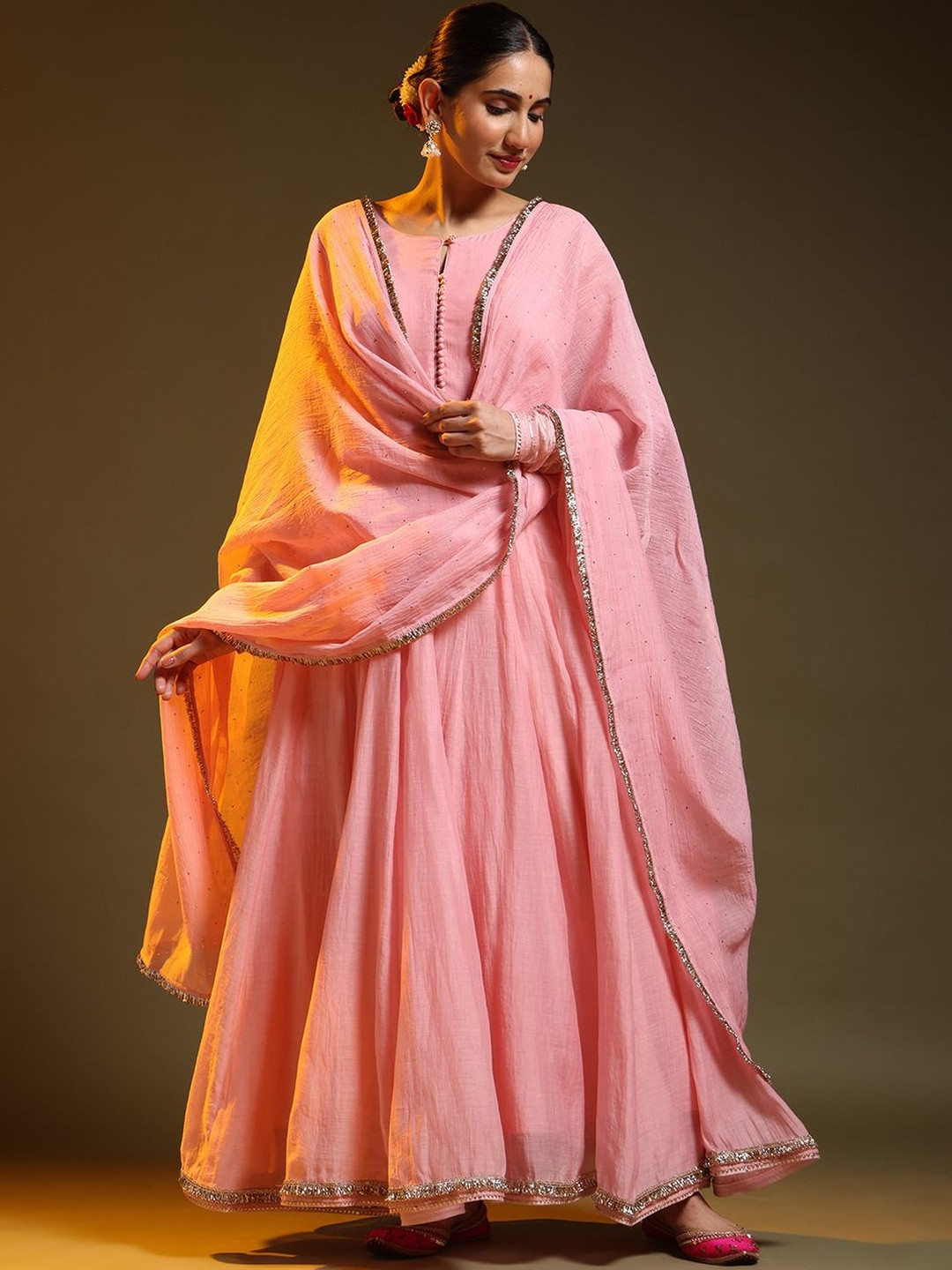 JAIPURIBANNO Panelled Sequinned Chanderi Silk Kurta With Palazzos & Dupatta