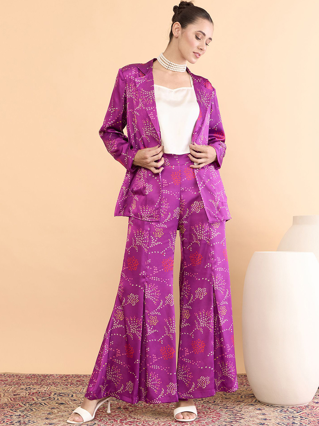 Antheaa Shoulder Straps Satin Top With Palazzos & Jacket