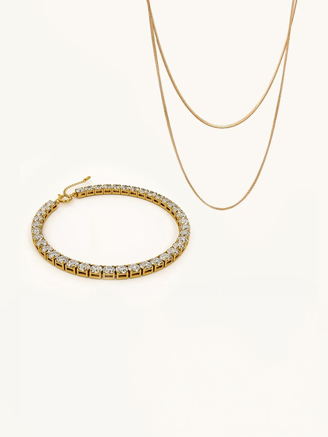 PALMONAS 18K Gold Plated Stainless Steel Cubic Zirconia Double Chain & Bracelet Set