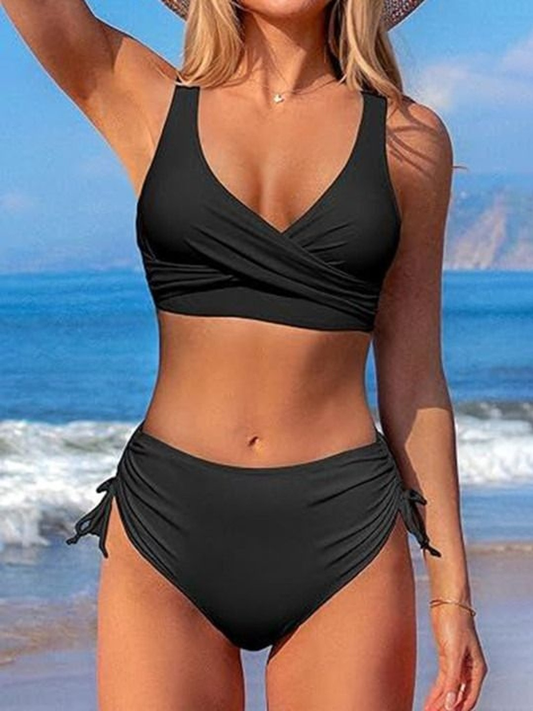 Rlanos High-Waist Crosss-Front Ruched Detailing Swim Bikini Set