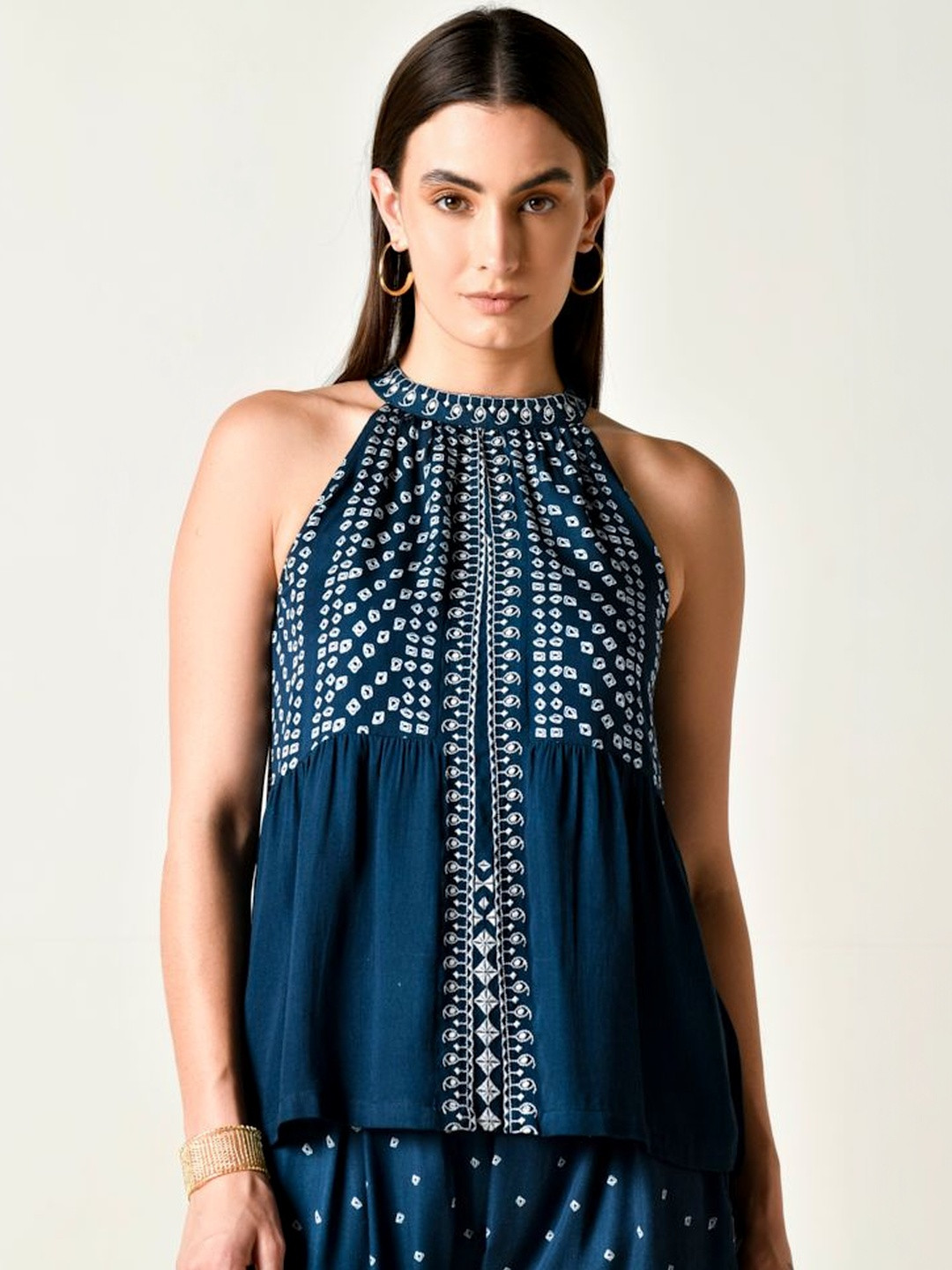 STIL O STITCH Print Halter Neck Ethnic Crepe Top