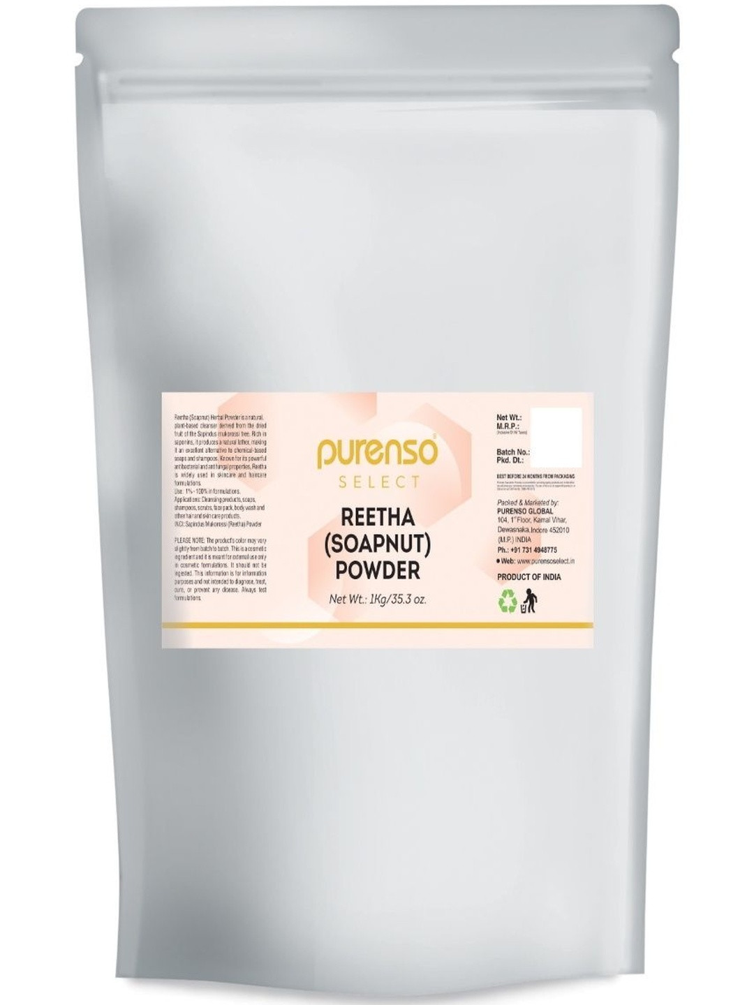 Purenso Vegan Alcohol Free Natural Reetha Soapnut Powder For Hair & Skin - 1 Kg
