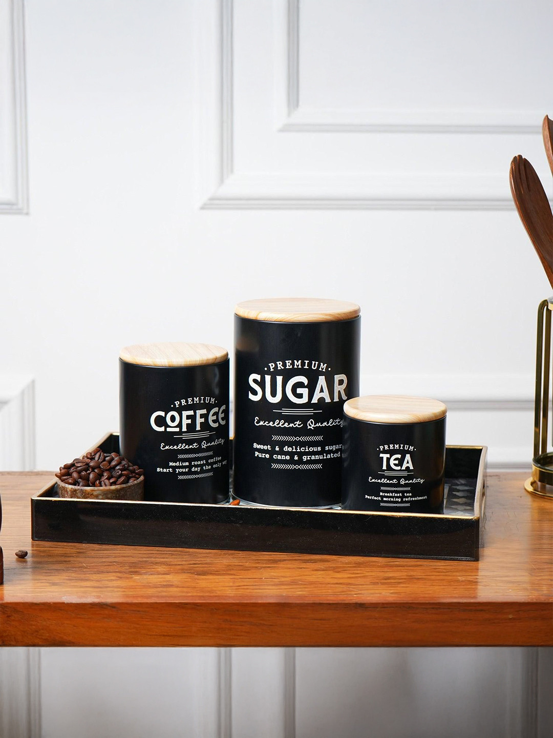 MARKET99 Black Printed Metal Set of 3 Flip Top Canister Containers 1L