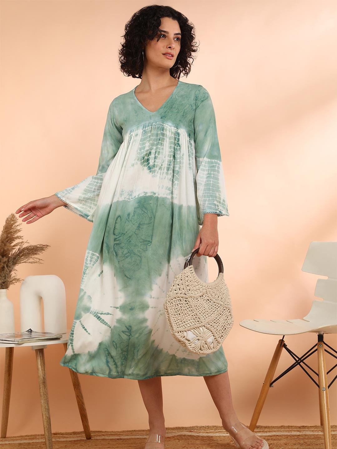 Chandbaali Tie and Dye Dyed V-Neck Flared Sleeve A-Line Midi Dress