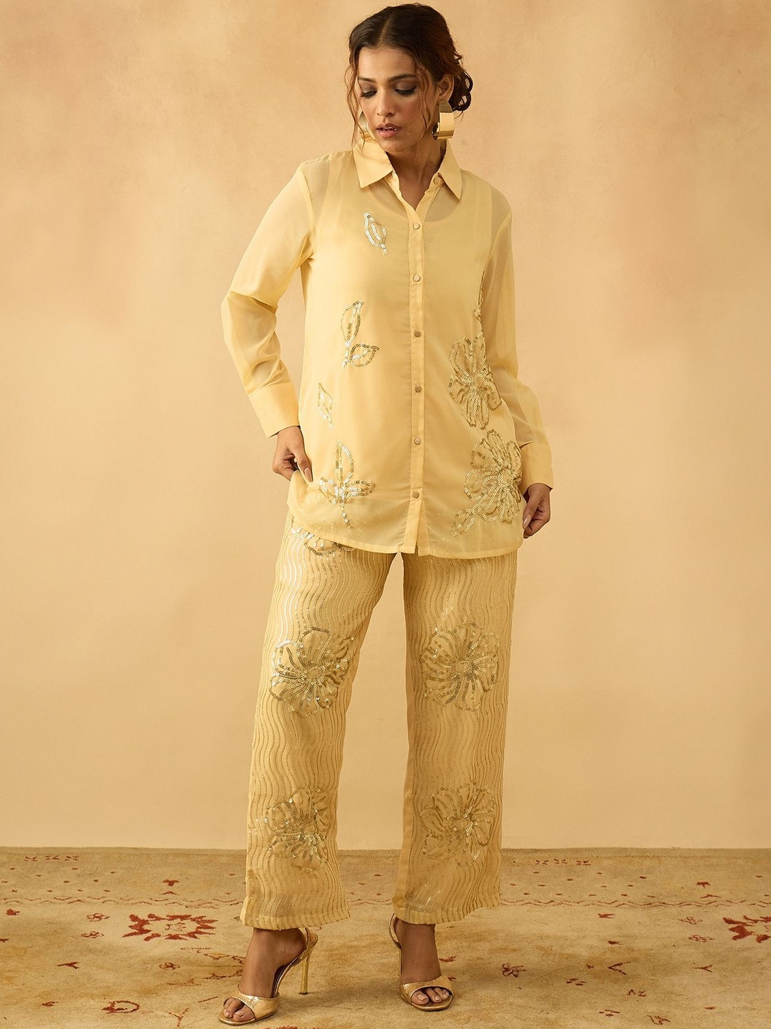 Anouk Floral Embroidered Long Sleeves Shirt With Inner Top & Trouser