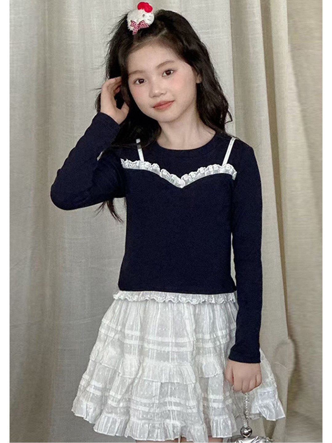 LULU & SKY Girls Solid Round Neck Ruffle Detailing Tops