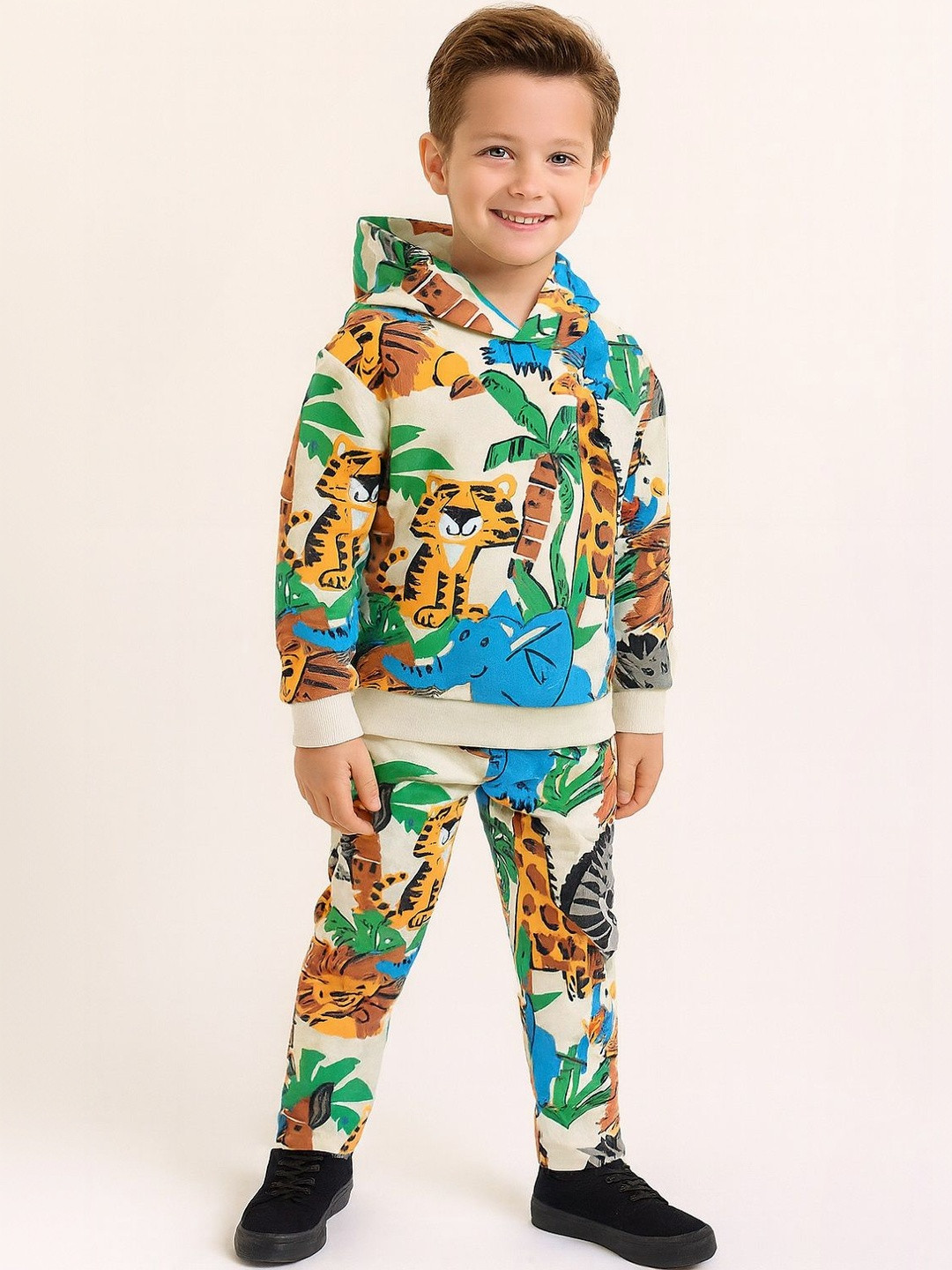 YK Boys Full Sleeves Jungle Animal Printed Hoodie Sweatshirt With Pajama