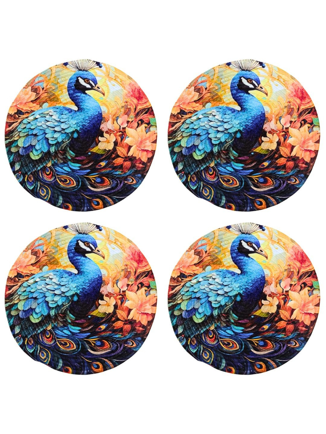 ROUGH ROAD STORE Set of 4 Blue & Peach-Coloured Printed Round Table Placemat