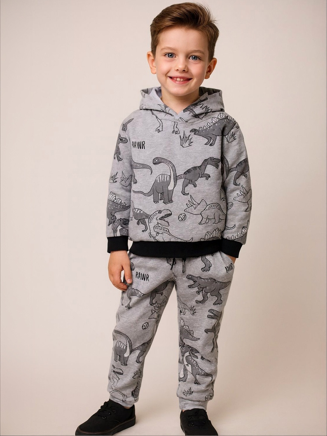 YK Boys Full Sleeves All-Over Dinosaur Printed Hoodie Sweatshirt With Pajama