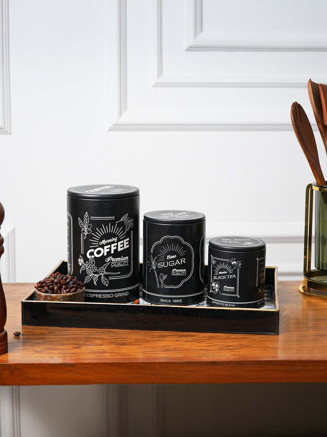 MARKET99 Black & White 3 Pieces Metal Container 1L each