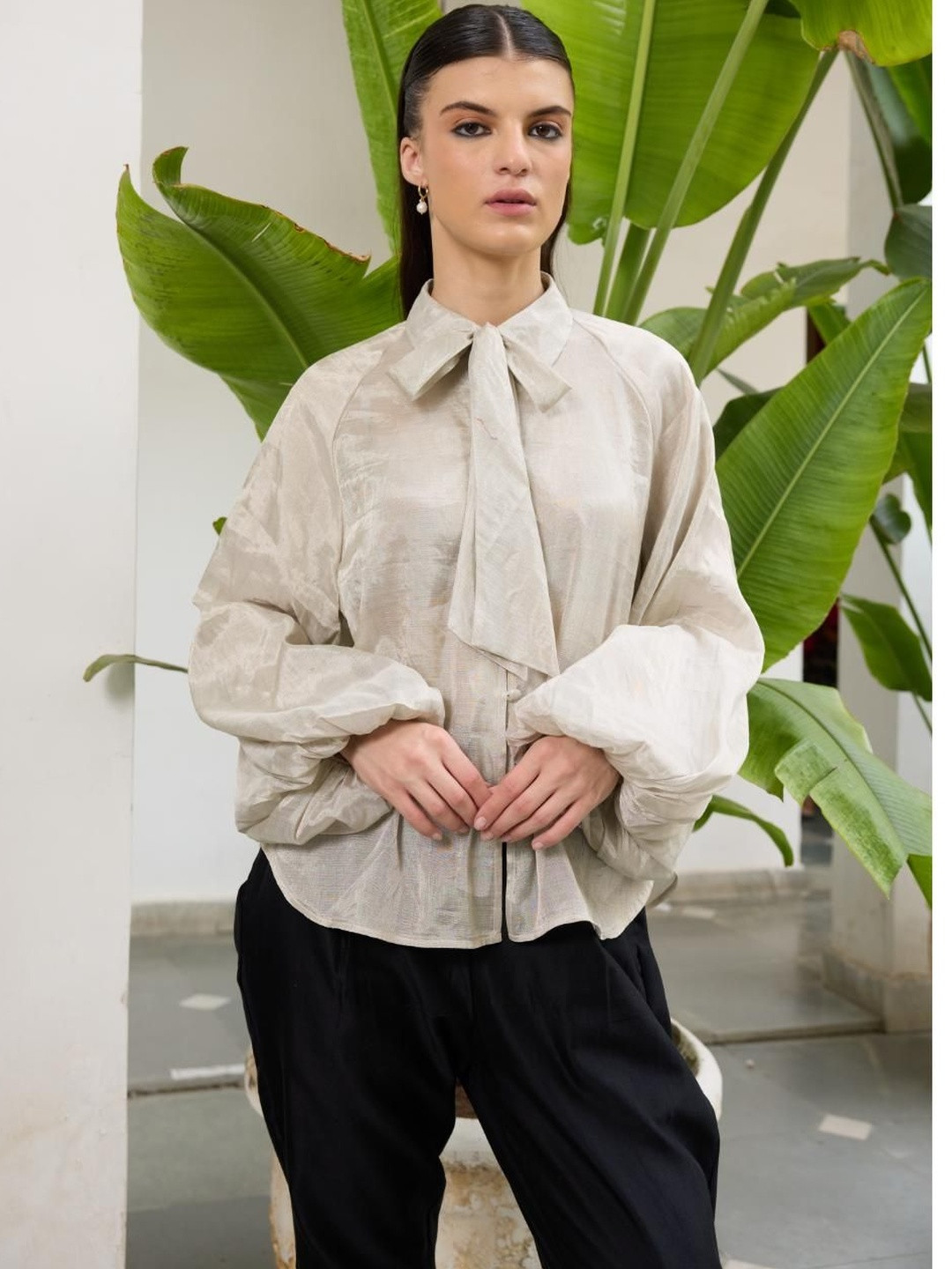 RAAS LIFE Tie-Up Neck Cotton Shirt Style Top